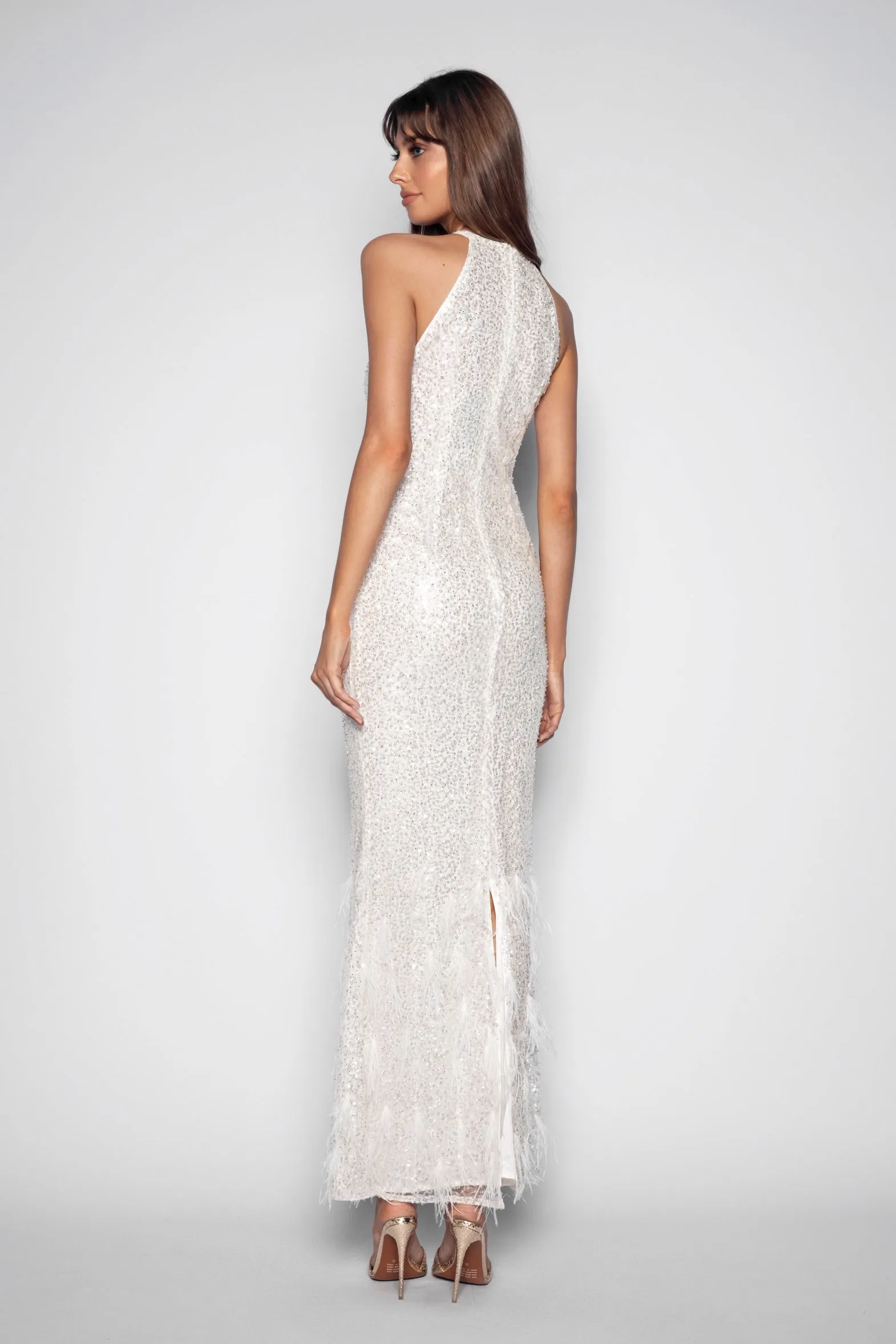 Beaded Sequin Feather Gown - White