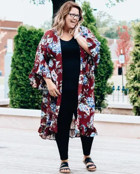 Bella Floral Duster Kimono | Burgundy / Light Blue