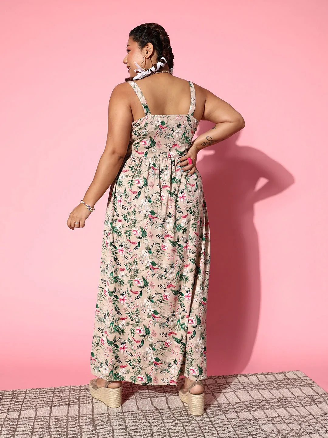 Berrylush Women Plus Size Pink & Green Floral Printed V-Neck Front Button-Up Flared Maxi Dress