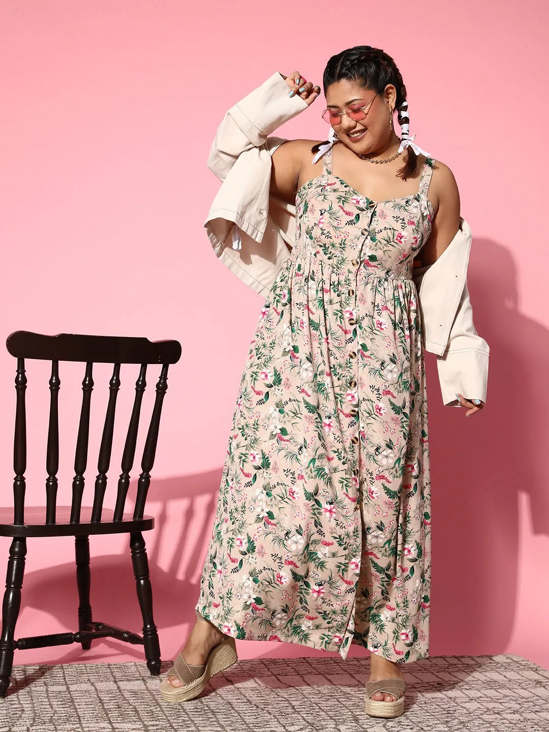 Berrylush Women Plus Size Pink & Green Floral Printed V-Neck Front Button-Up Flared Maxi Dress