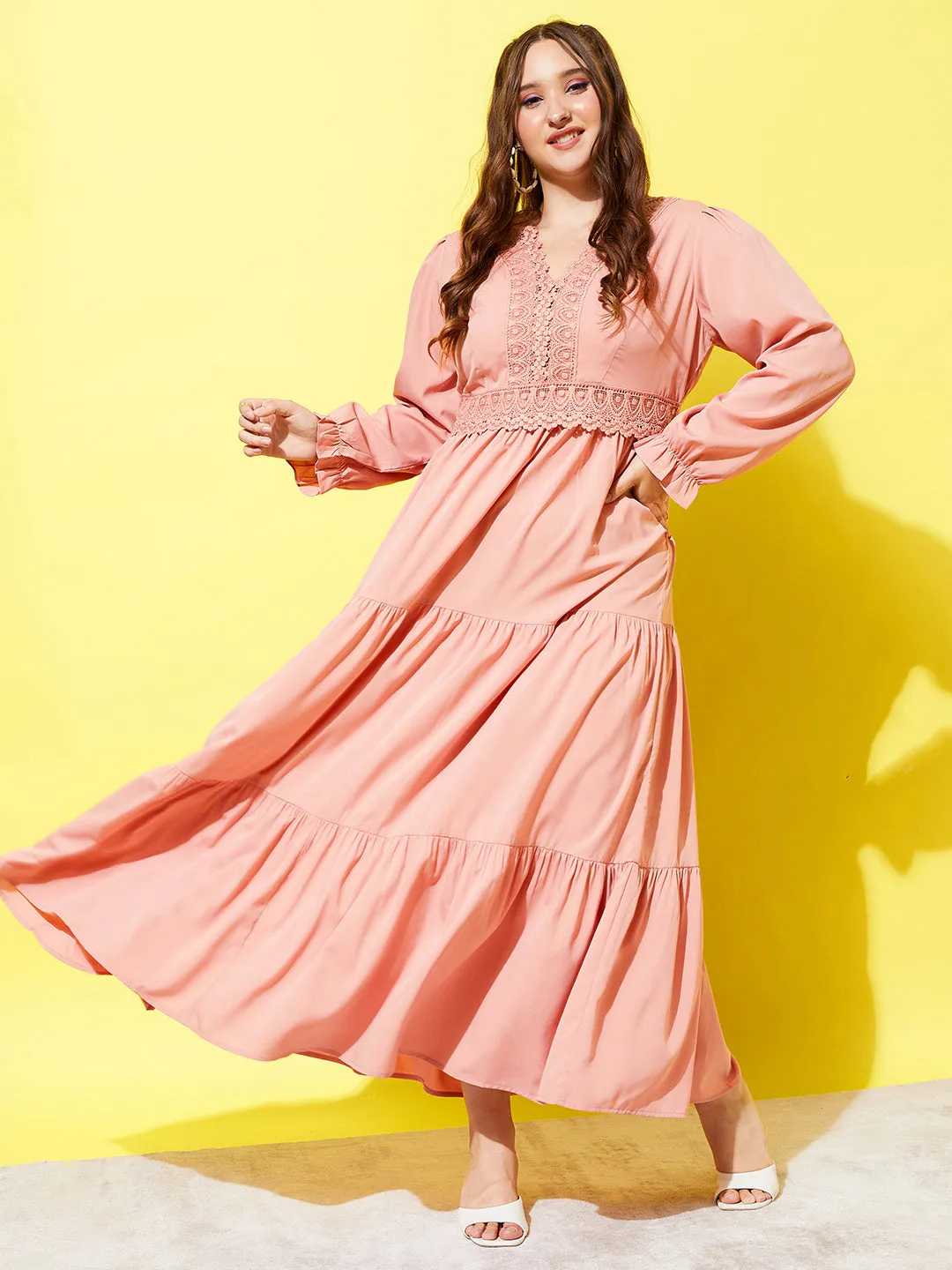 Berrylush Women Plus Size Solid Pink V-Neck Bell Sleeve Zipper-Up Lace Insert Layered Maxi Dress