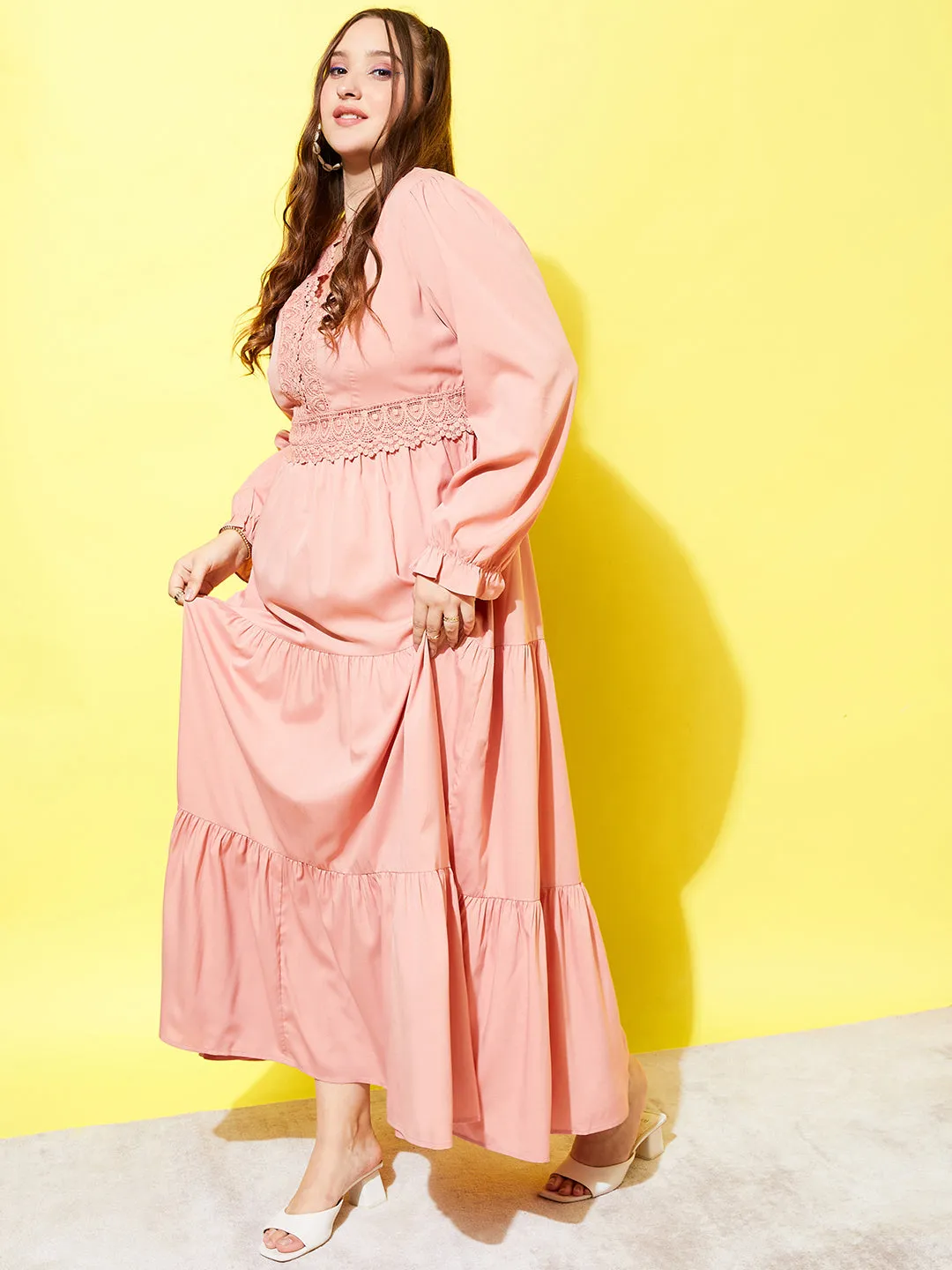 Berrylush Women Plus Size Solid Pink V-Neck Bell Sleeve Zipper-Up Lace Insert Layered Maxi Dress