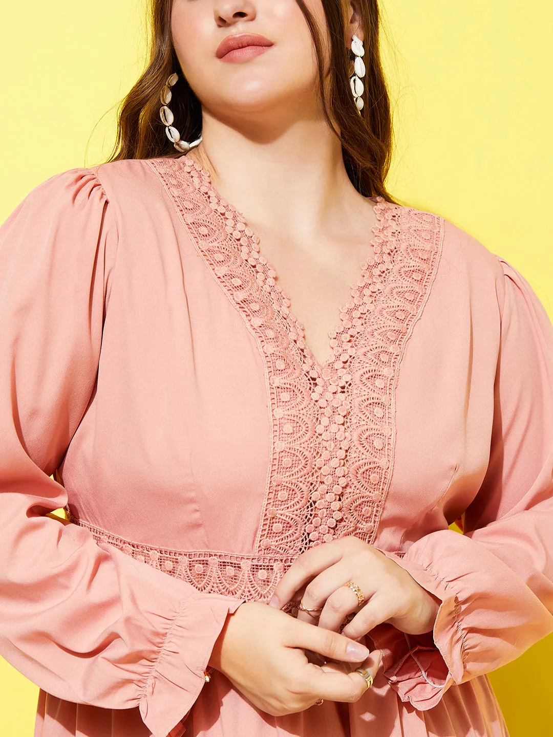 Berrylush Women Plus Size Solid Pink V-Neck Bell Sleeve Zipper-Up Lace Insert Layered Maxi Dress