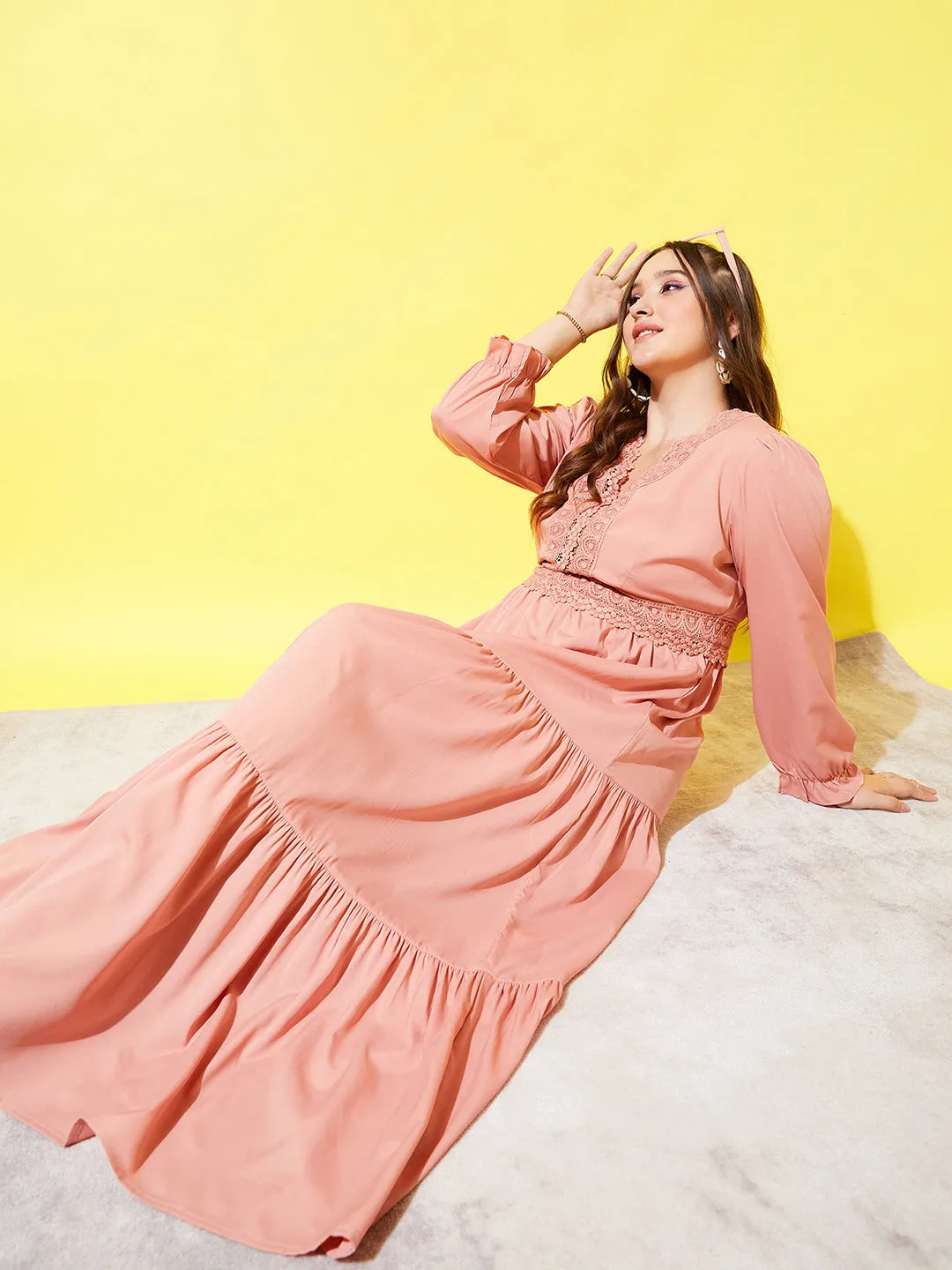 Berrylush Women Plus Size Solid Pink V-Neck Bell Sleeve Zipper-Up Lace Insert Layered Maxi Dress