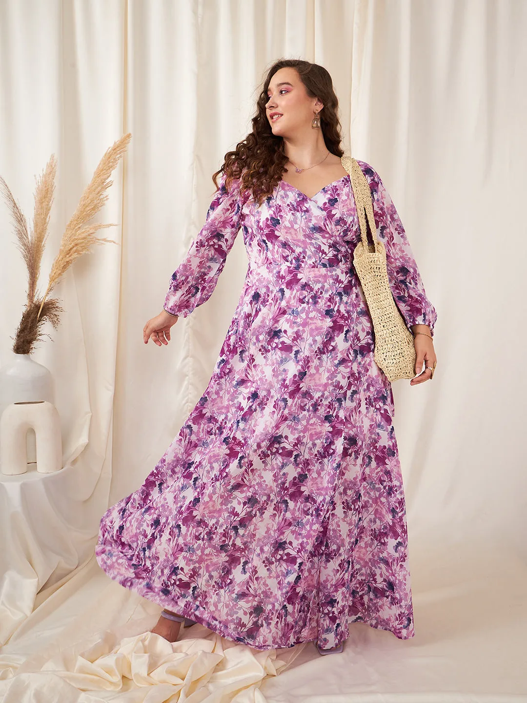 Berrylush Women Plus Size White, Purple, & Navy Blue Floral Printed Sweetheart Neck Waist Tie-Up Georgette Pleated Wrap Maxi Dress