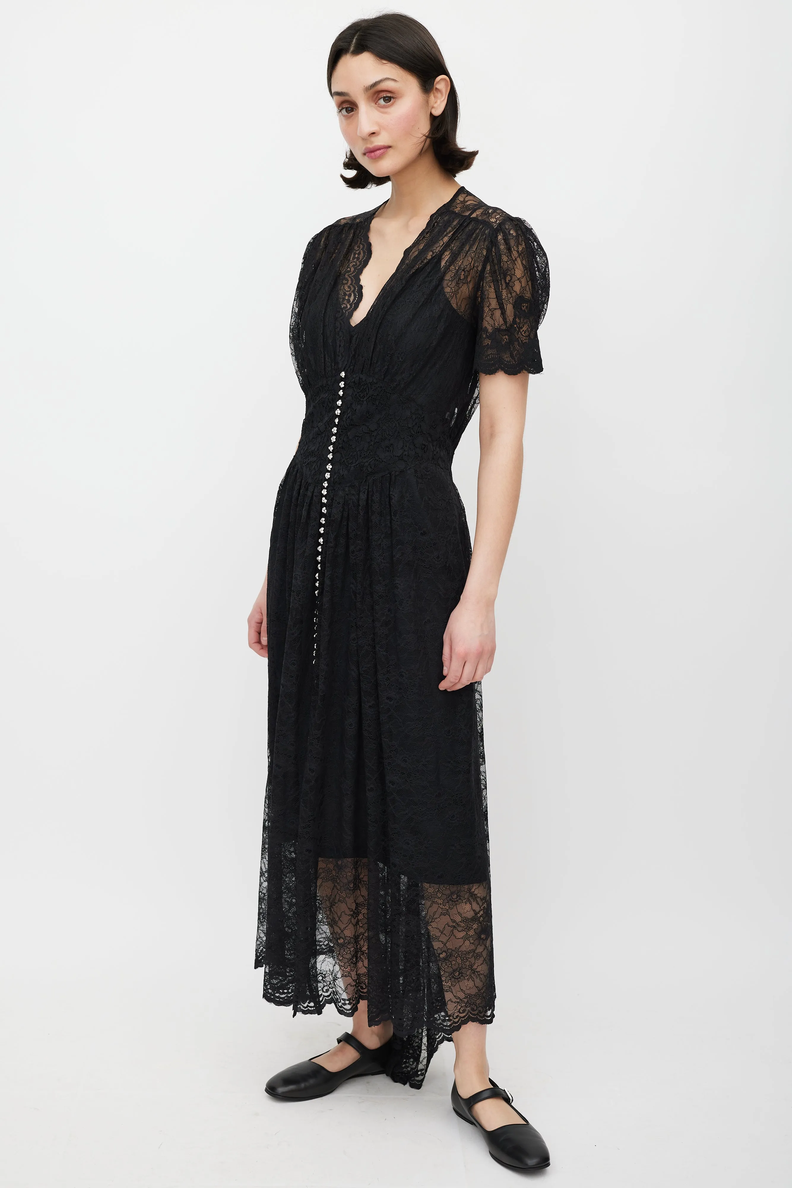 Black & Silver Gathered Lace Jewel Dress