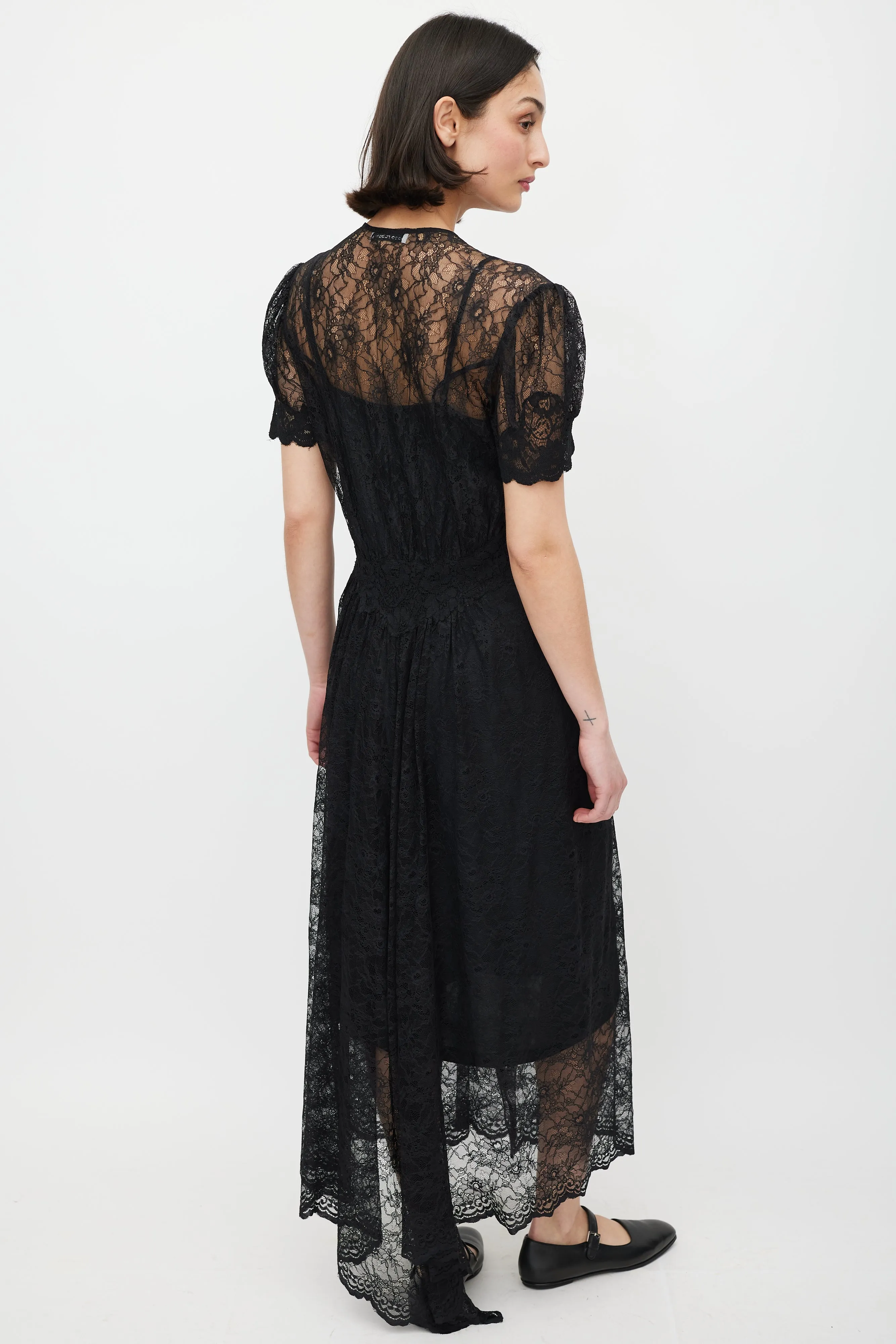 Black & Silver Gathered Lace Jewel Dress