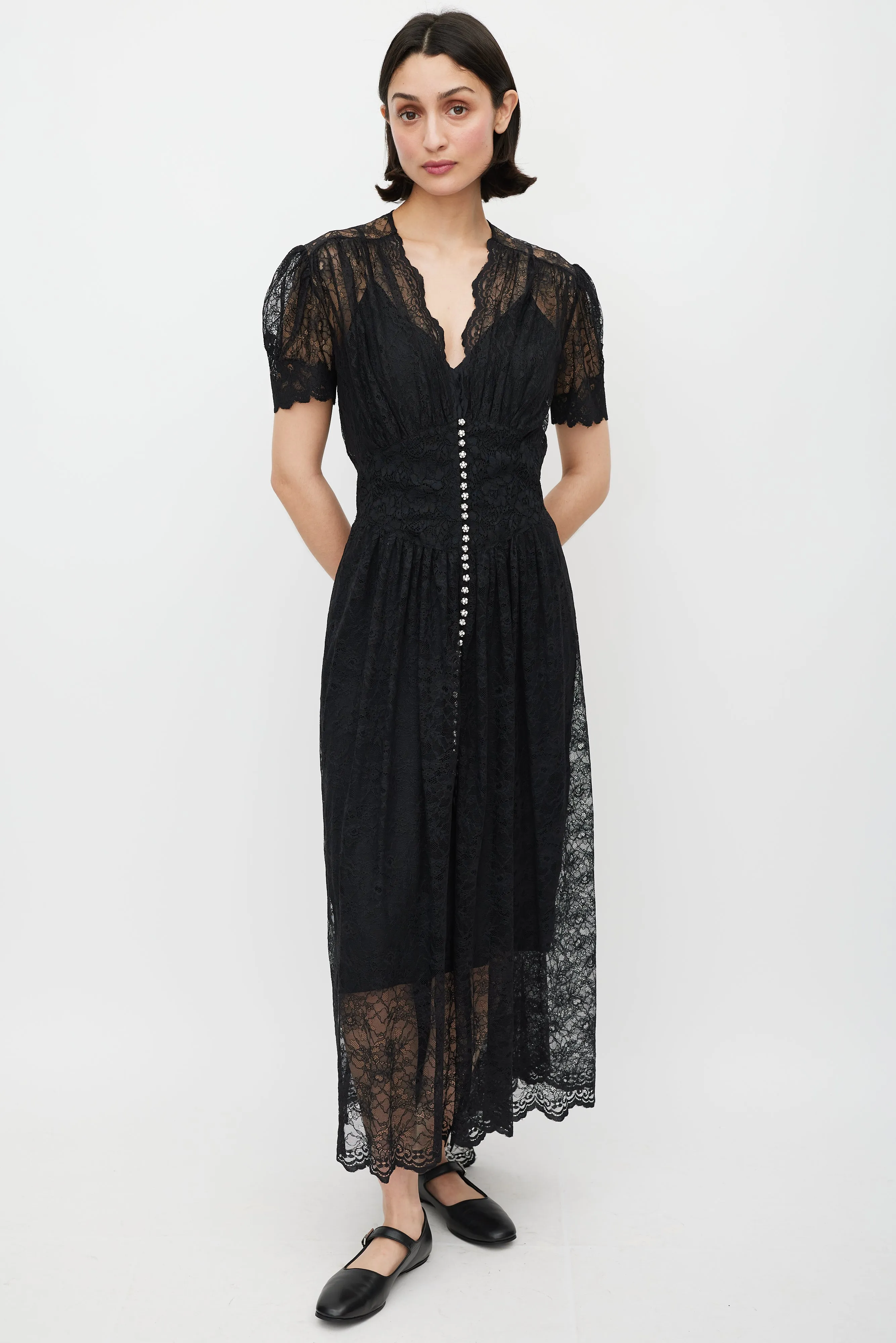 Black & Silver Gathered Lace Jewel Dress