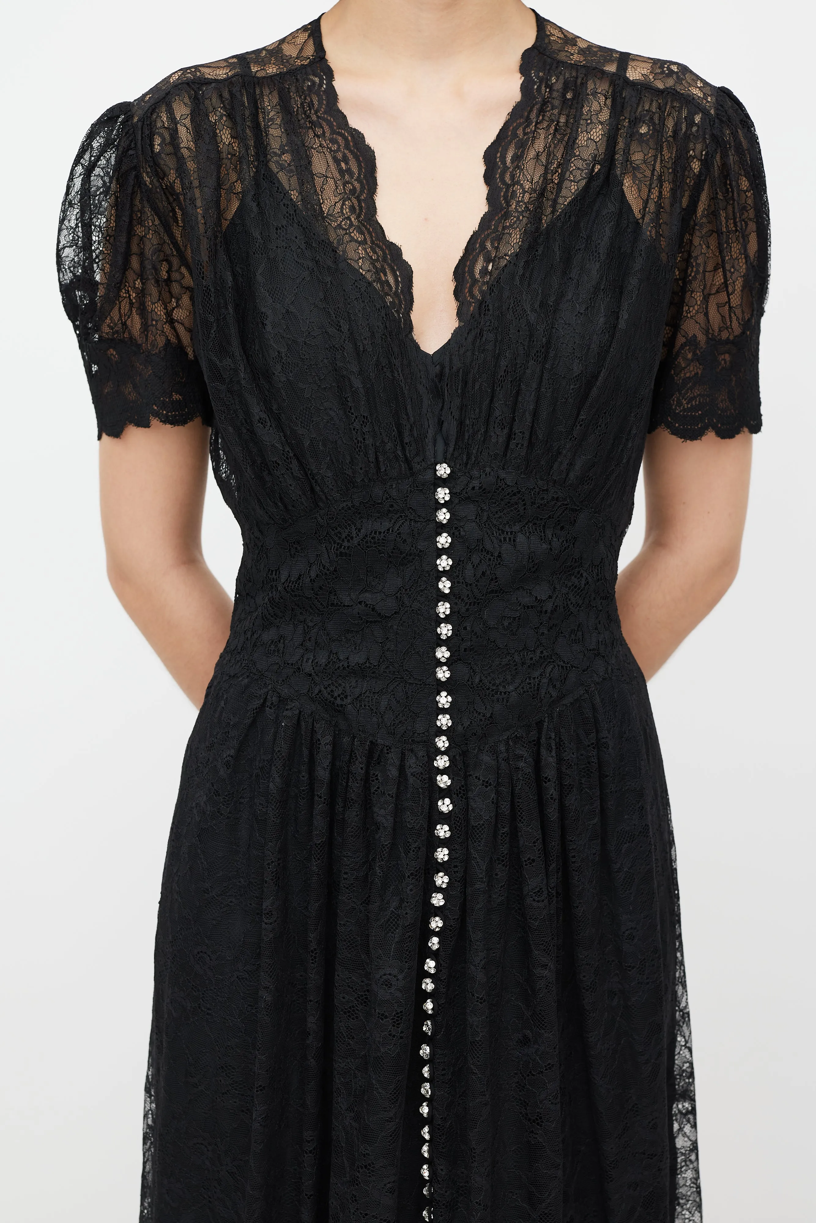 Black & Silver Gathered Lace Jewel Dress