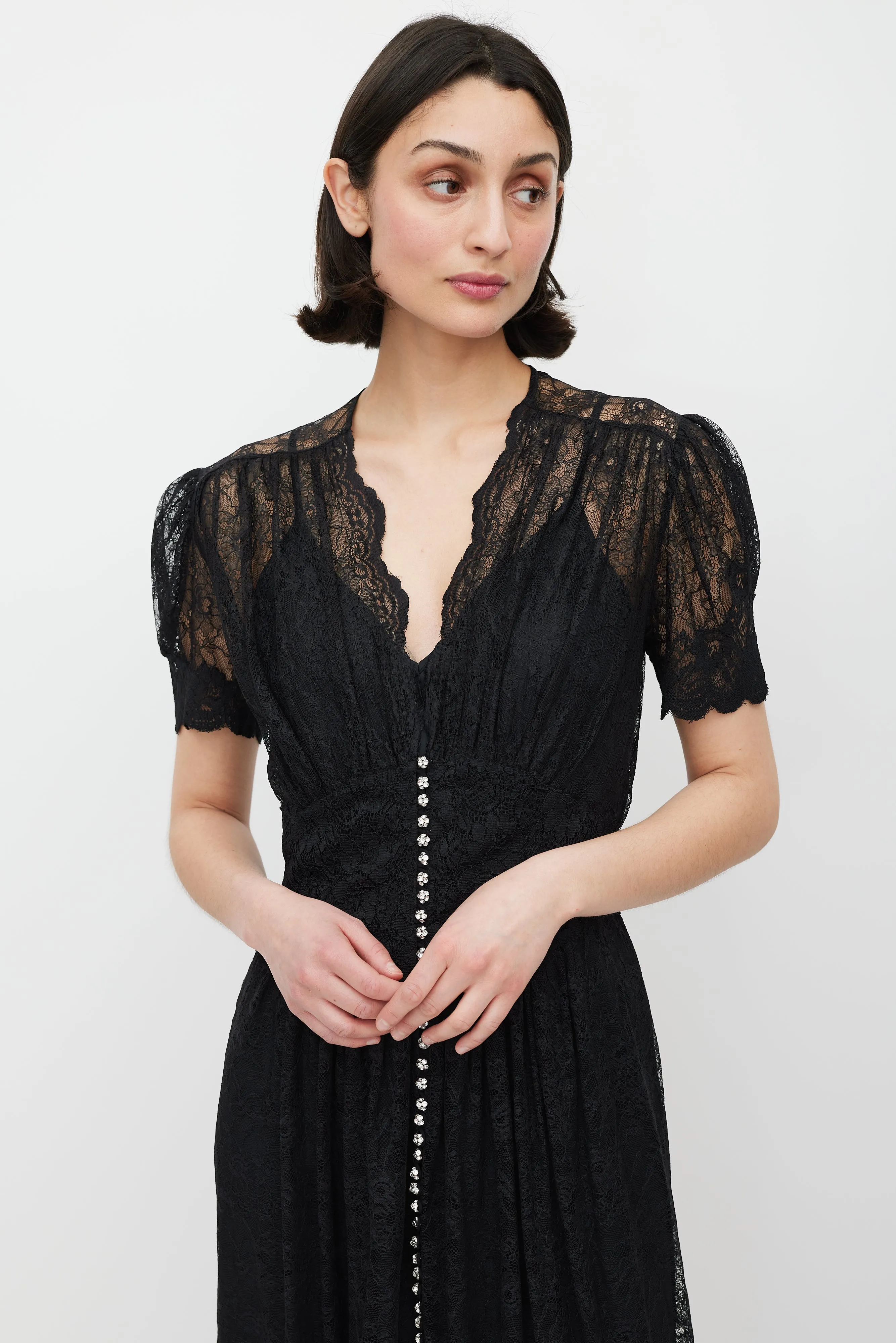 Black & Silver Gathered Lace Jewel Dress