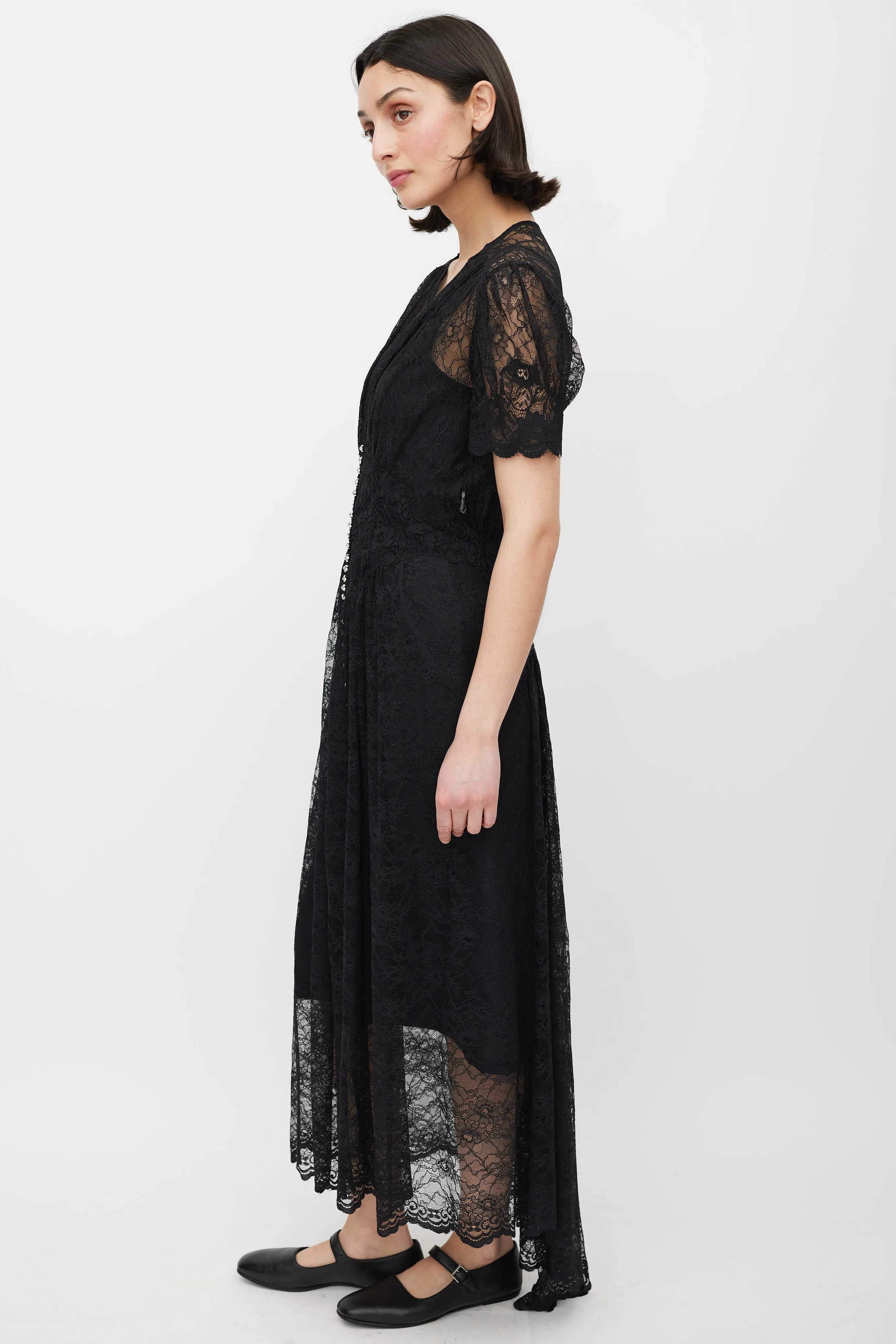 Black & Silver Gathered Lace Jewel Dress