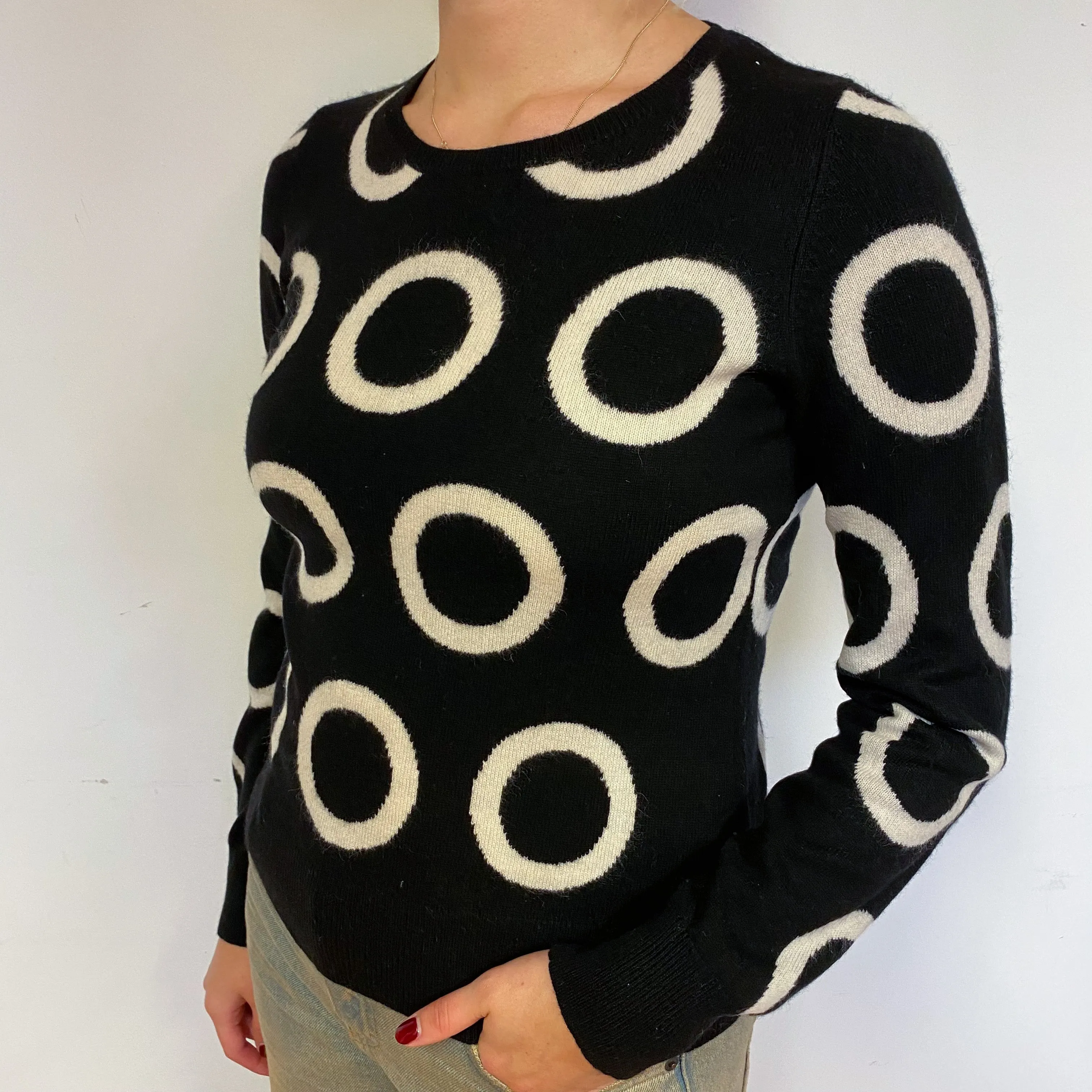 Black and Cream Cashmere Crew Neck Jumper Small