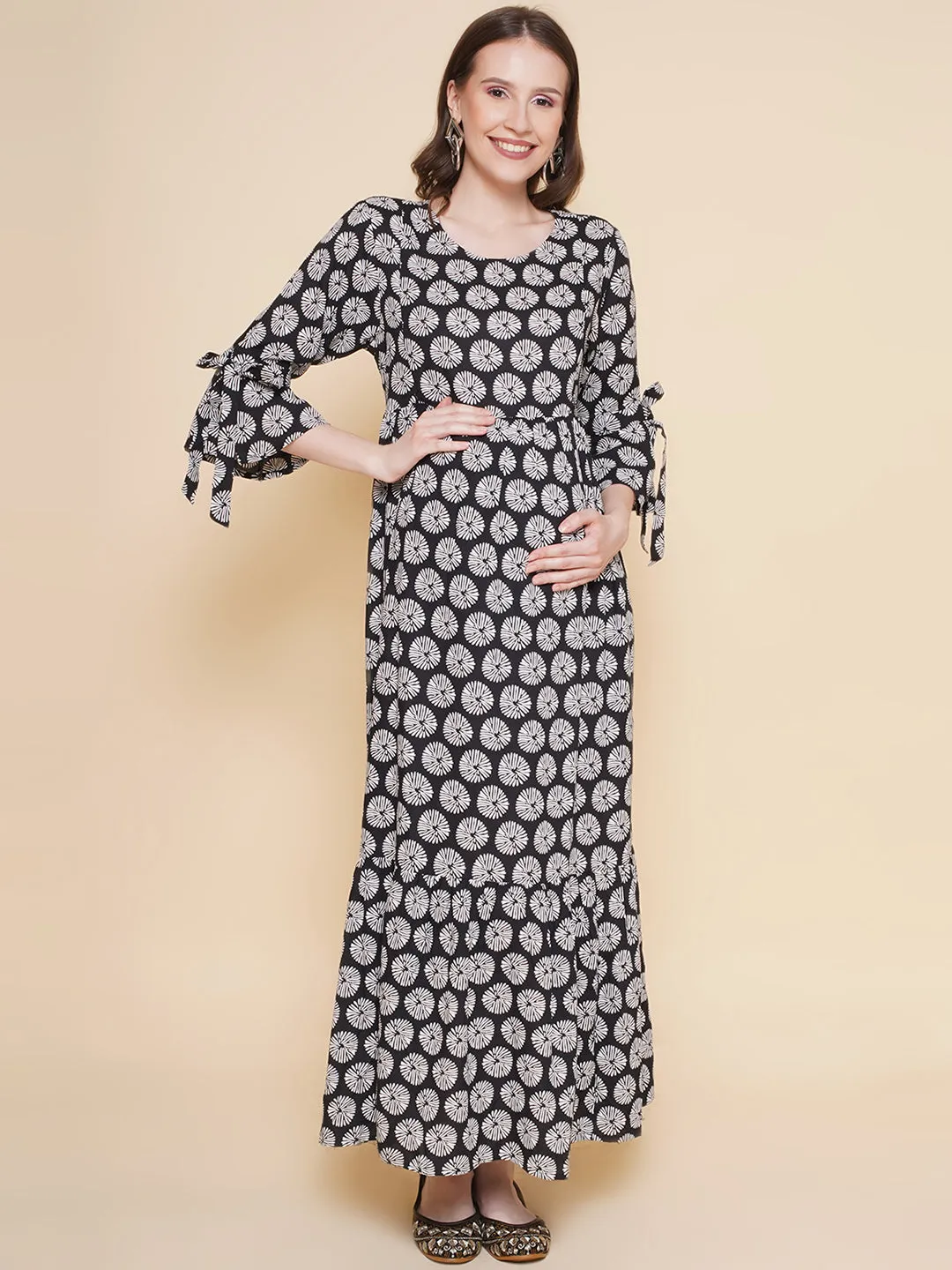 Black Floral Maternity and Nursing Maxi Dress