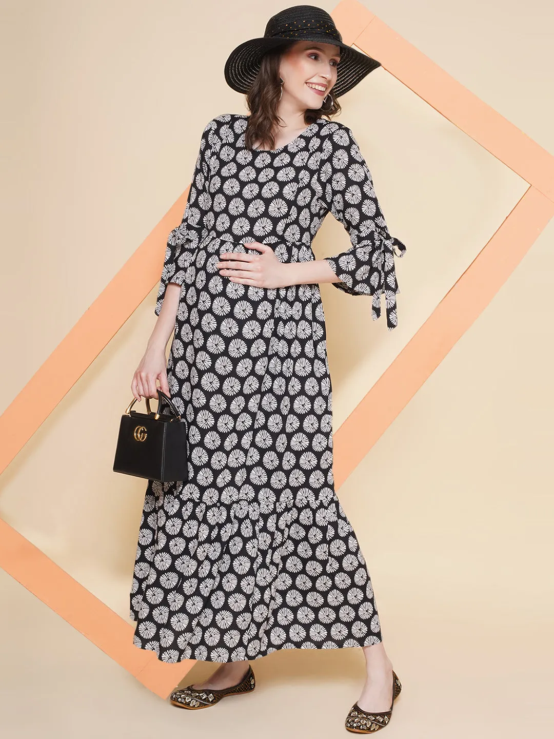 Black Floral Maternity and Nursing Maxi Dress