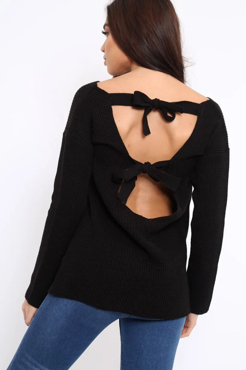 Black Knitted Jumper with Bow Back - Oliviah