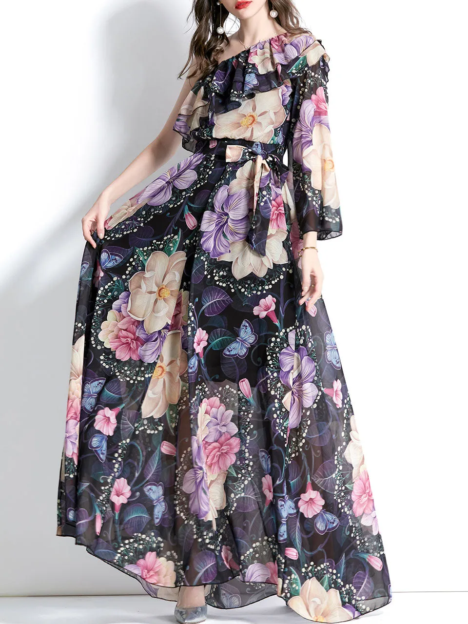 Black One Shoulder Trumpet SleeveFloral Print Boho Dress Maxi Dress