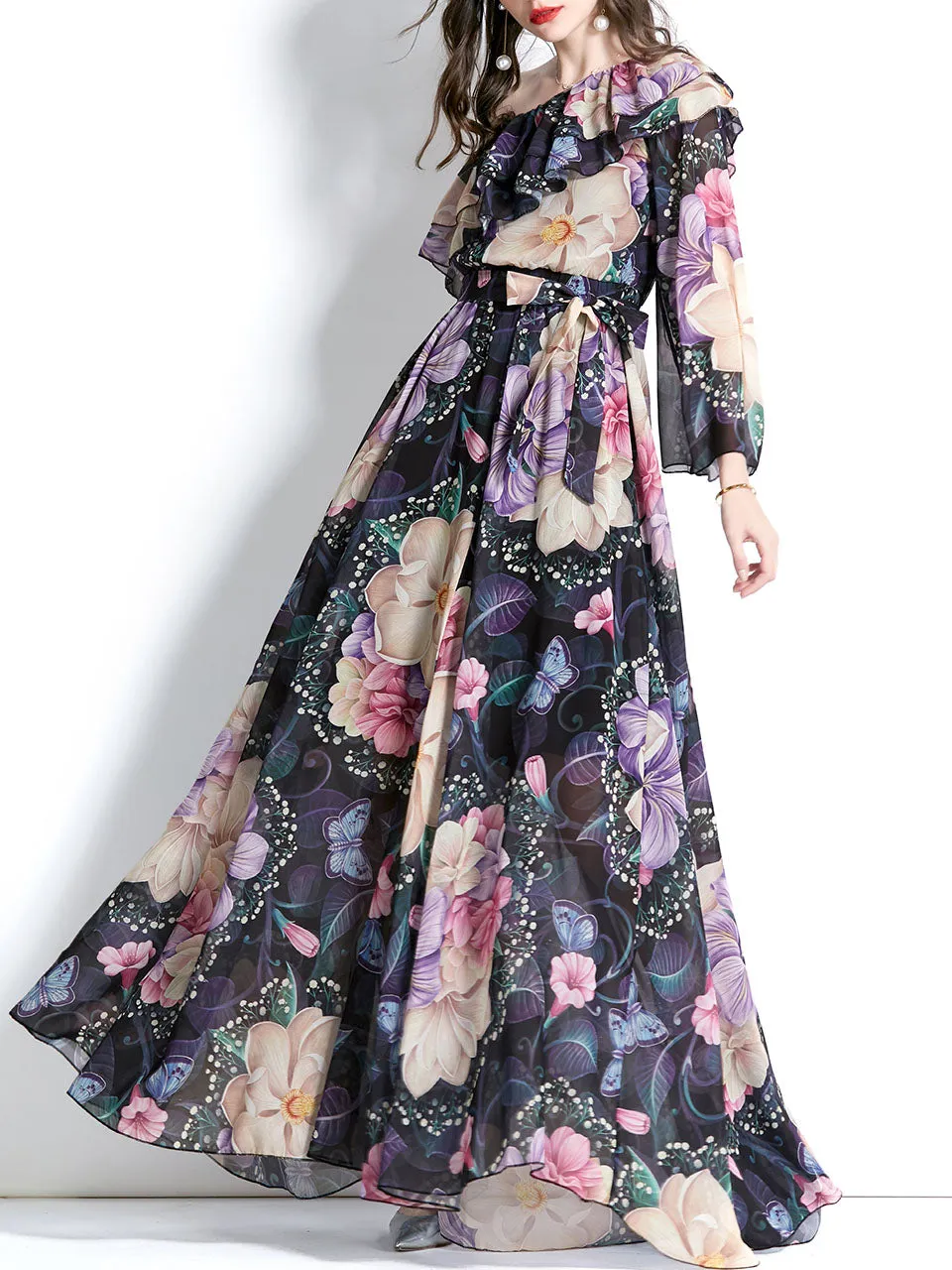 Black One Shoulder Trumpet SleeveFloral Print Boho Dress Maxi Dress