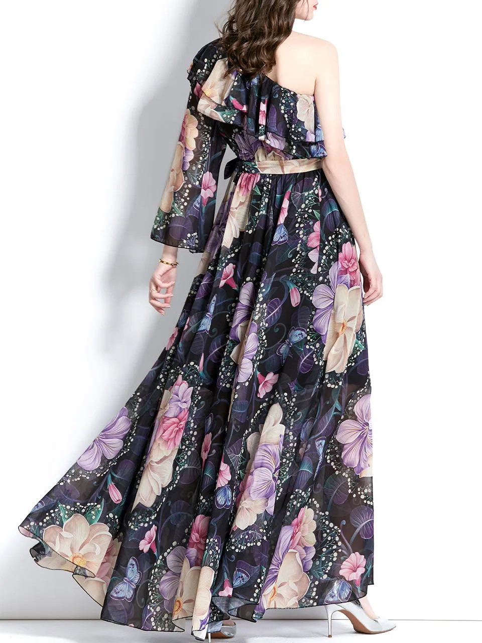 Black One Shoulder Trumpet SleeveFloral Print Boho Dress Maxi Dress