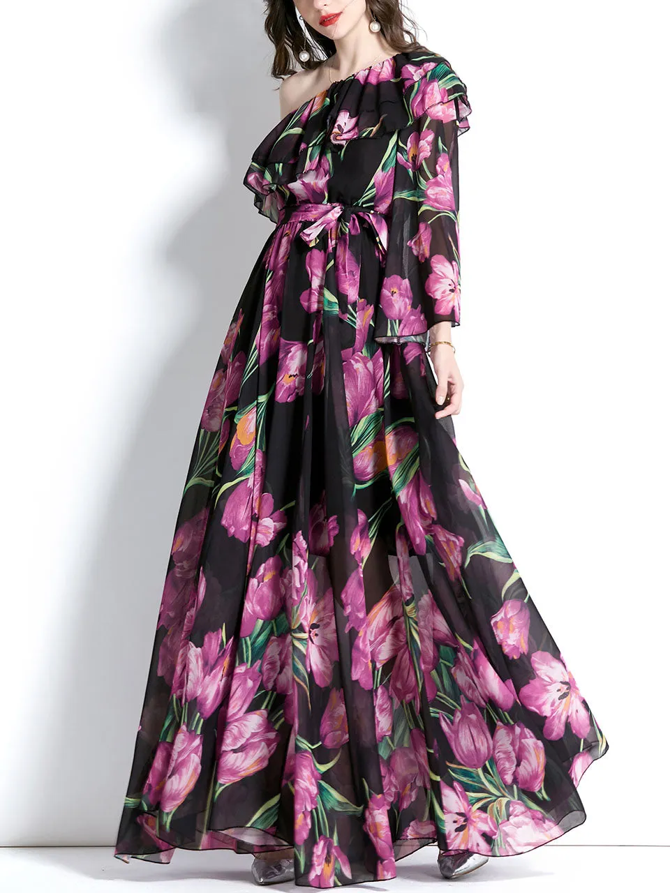 Black One Shoulder Trumpet SleeveFloral Print Boho Dress Maxi Dress