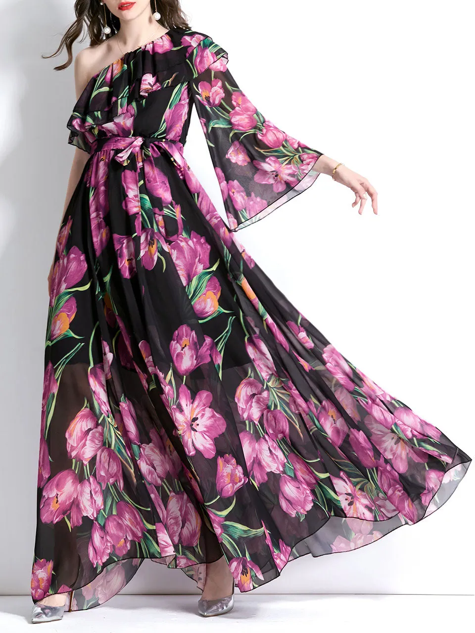 Black One Shoulder Trumpet SleeveFloral Print Boho Dress Maxi Dress