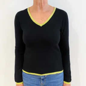 Black Pistachio Trim Cashmere V-Neck Jumper Medium