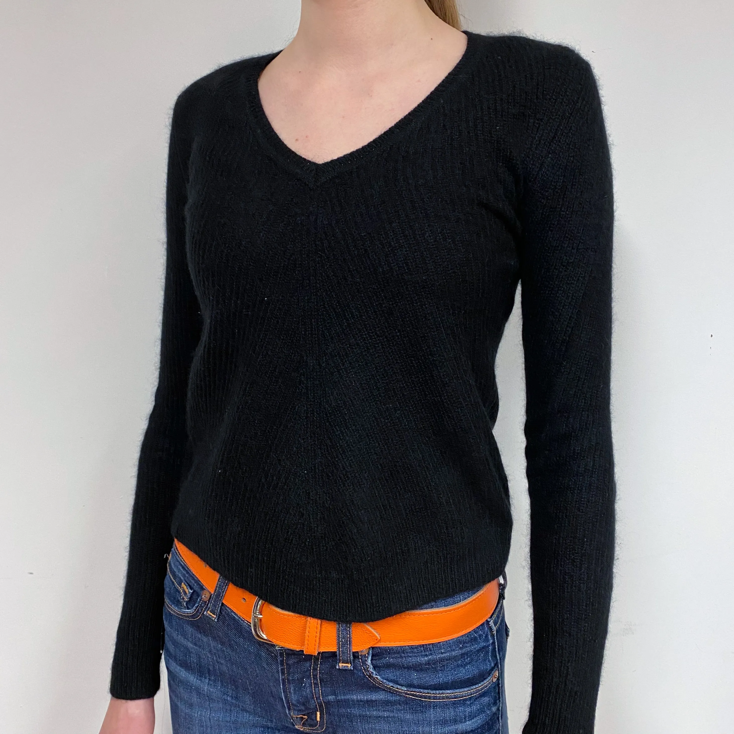 Black Ribbed Cashmere V-Neck Jumper Extra Small