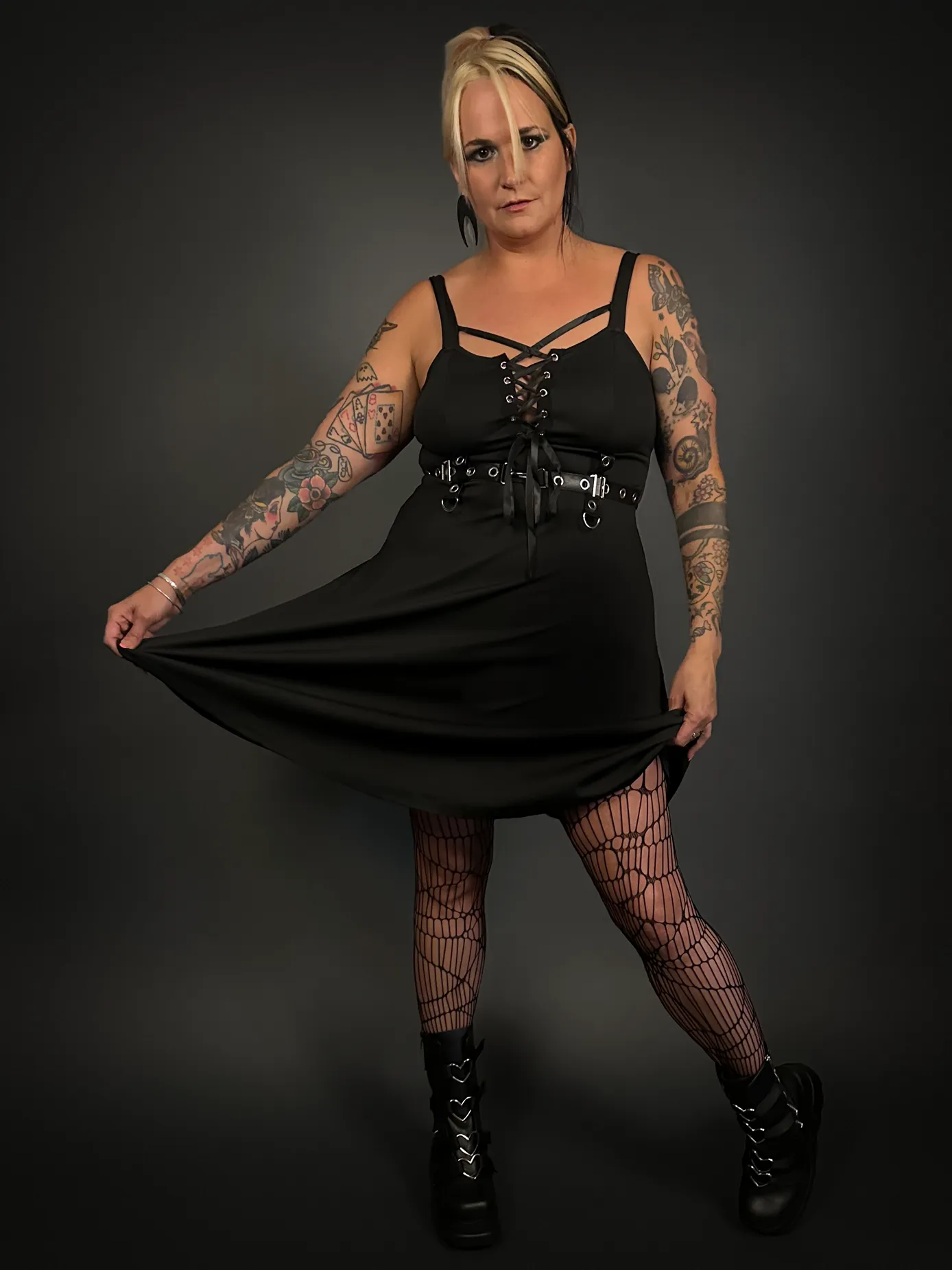 Black Ribbon Lace-up Front A-line Punk / Goth Dress