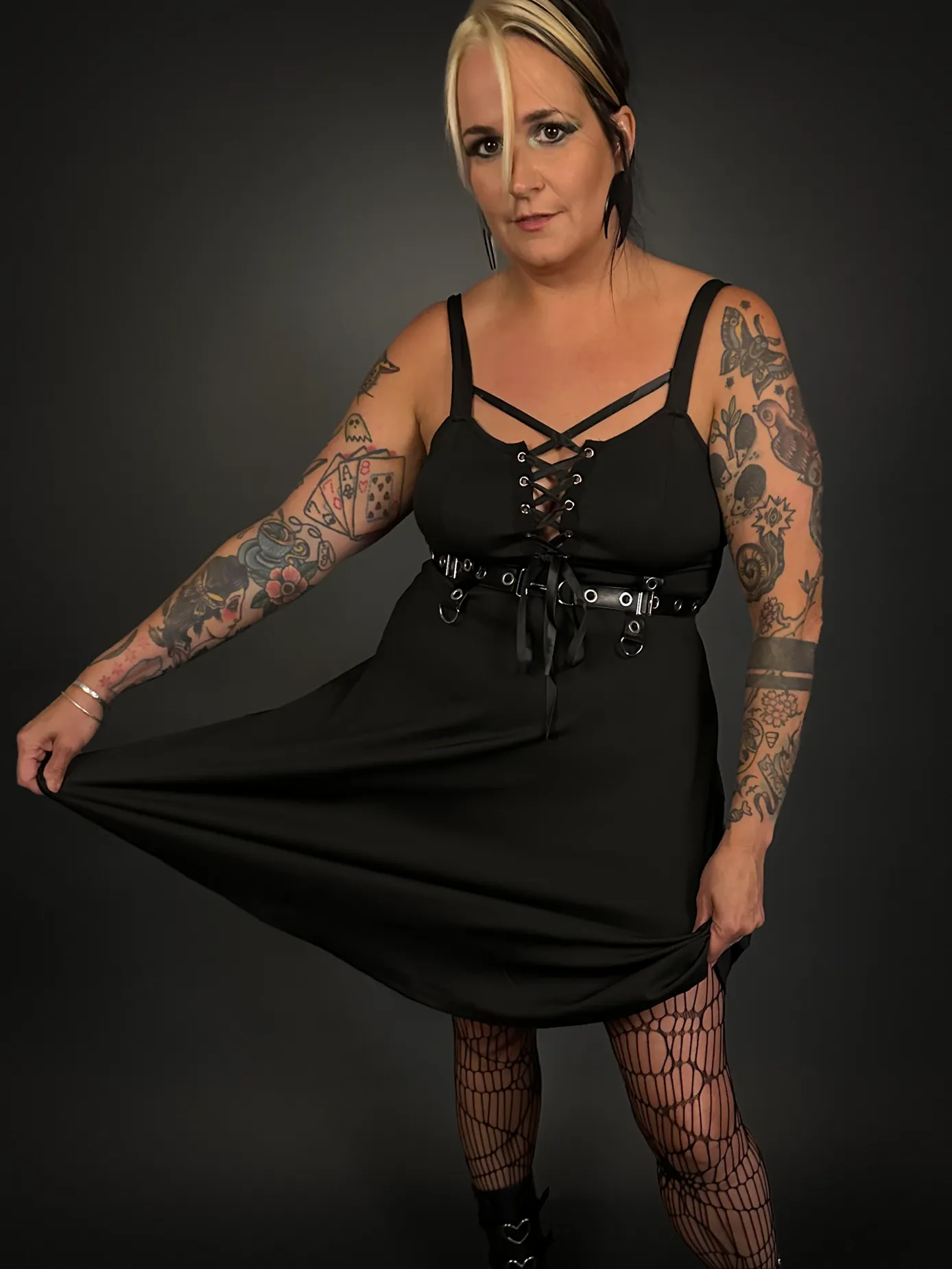 Black Ribbon Lace-up Front A-line Punk / Goth Dress