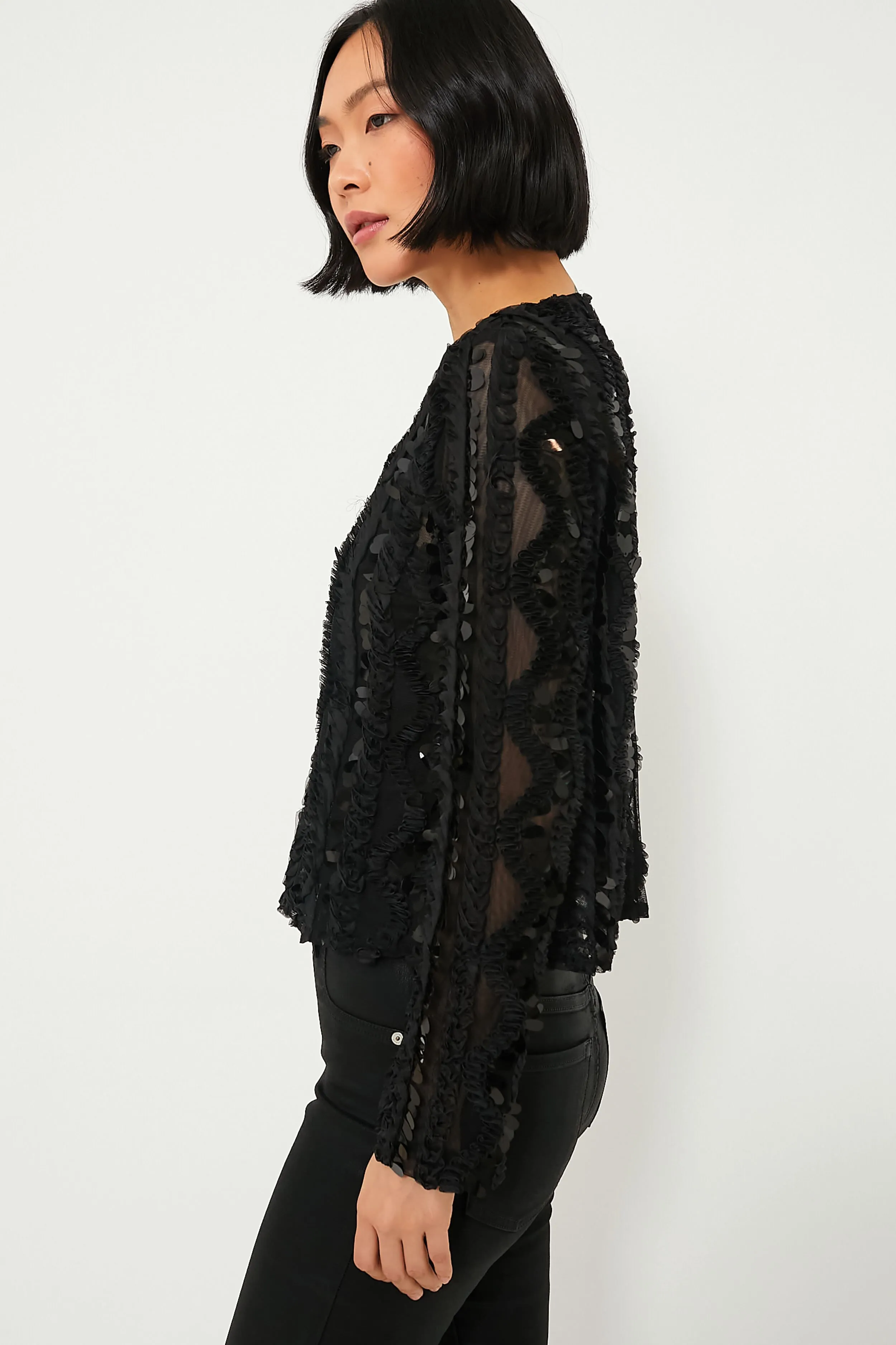 Black Sheer Sequined Long Sleeve Sutton Blouse