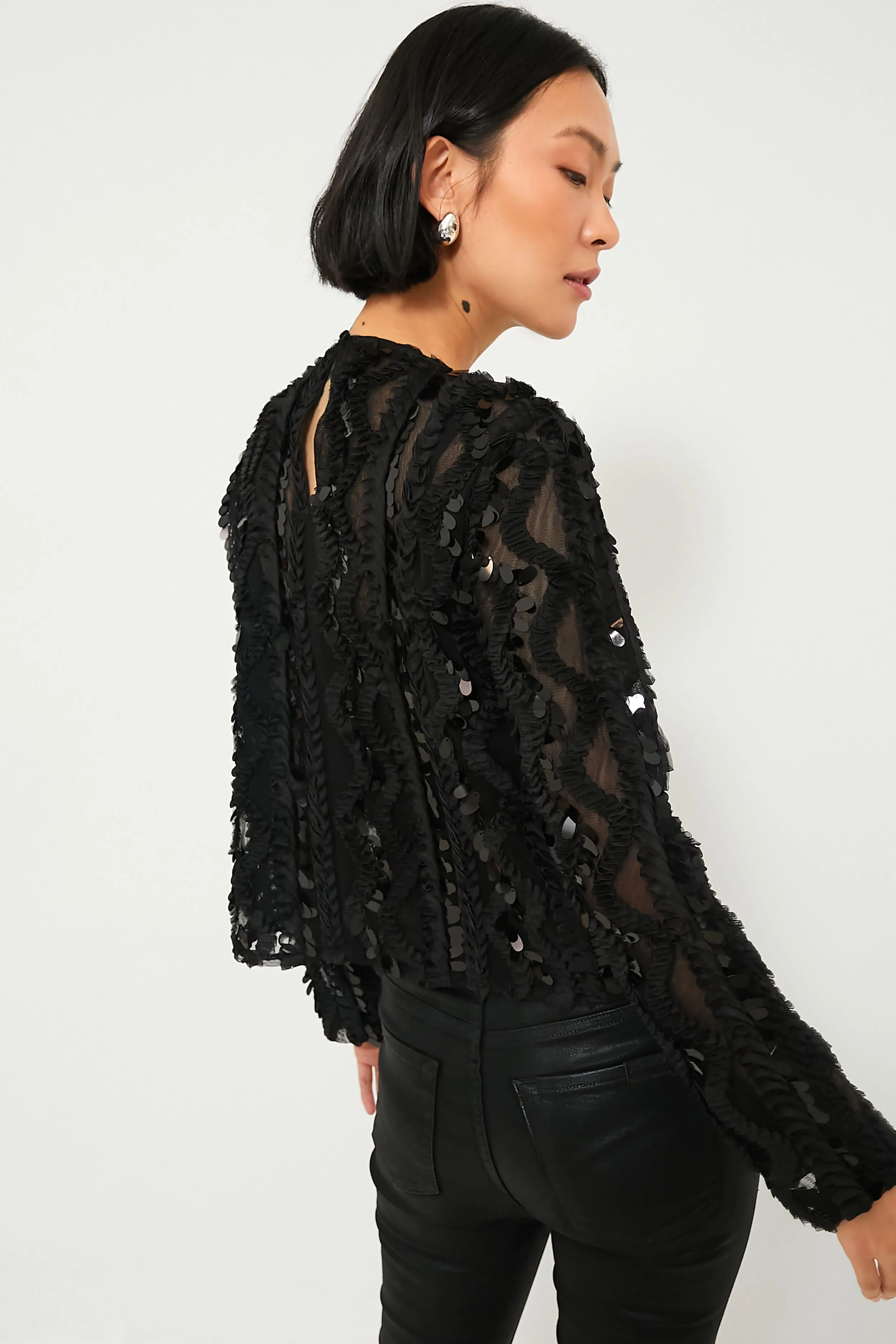 Black Sheer Sequined Long Sleeve Sutton Blouse