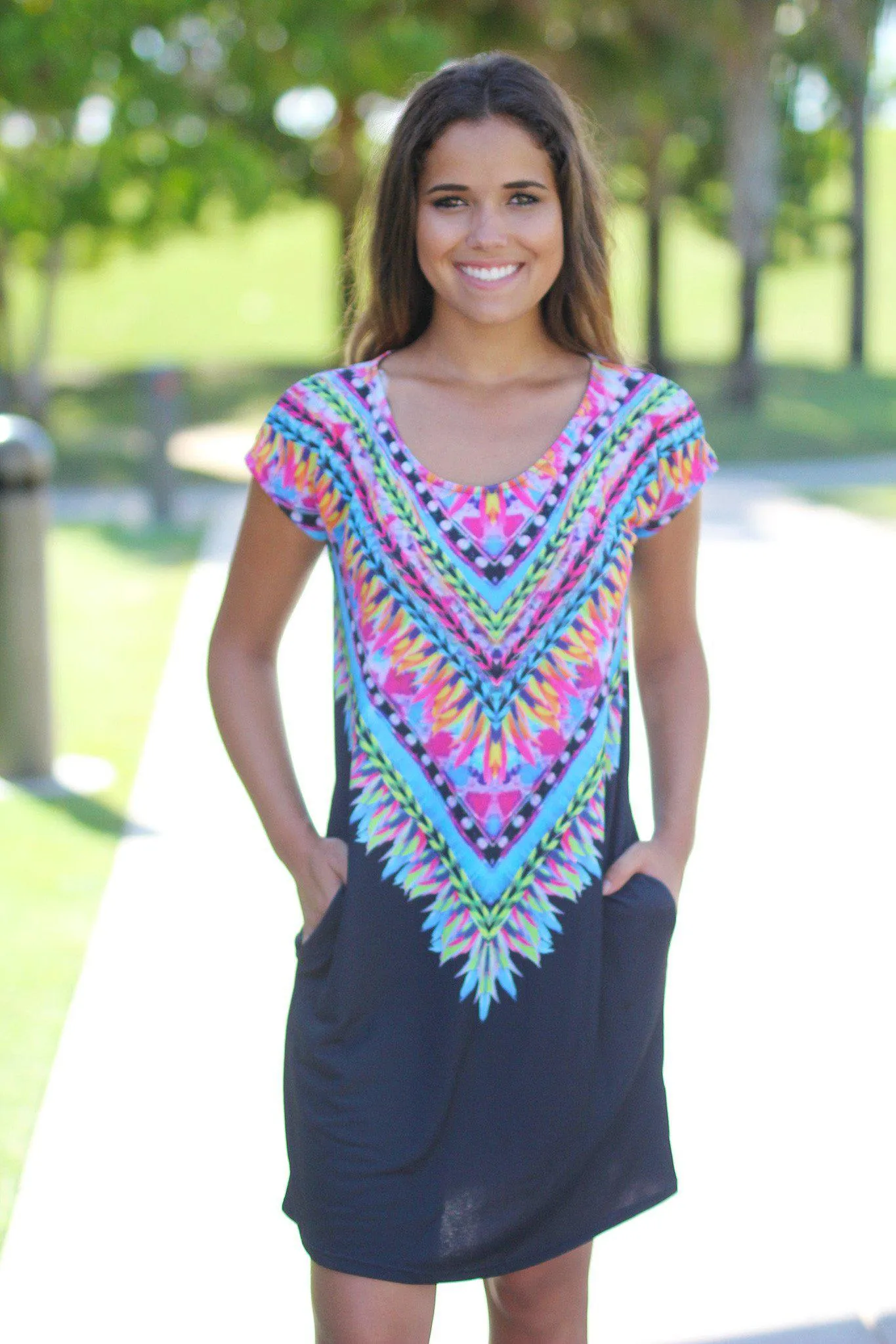 Black Tribal Tunic Dress with Pockets