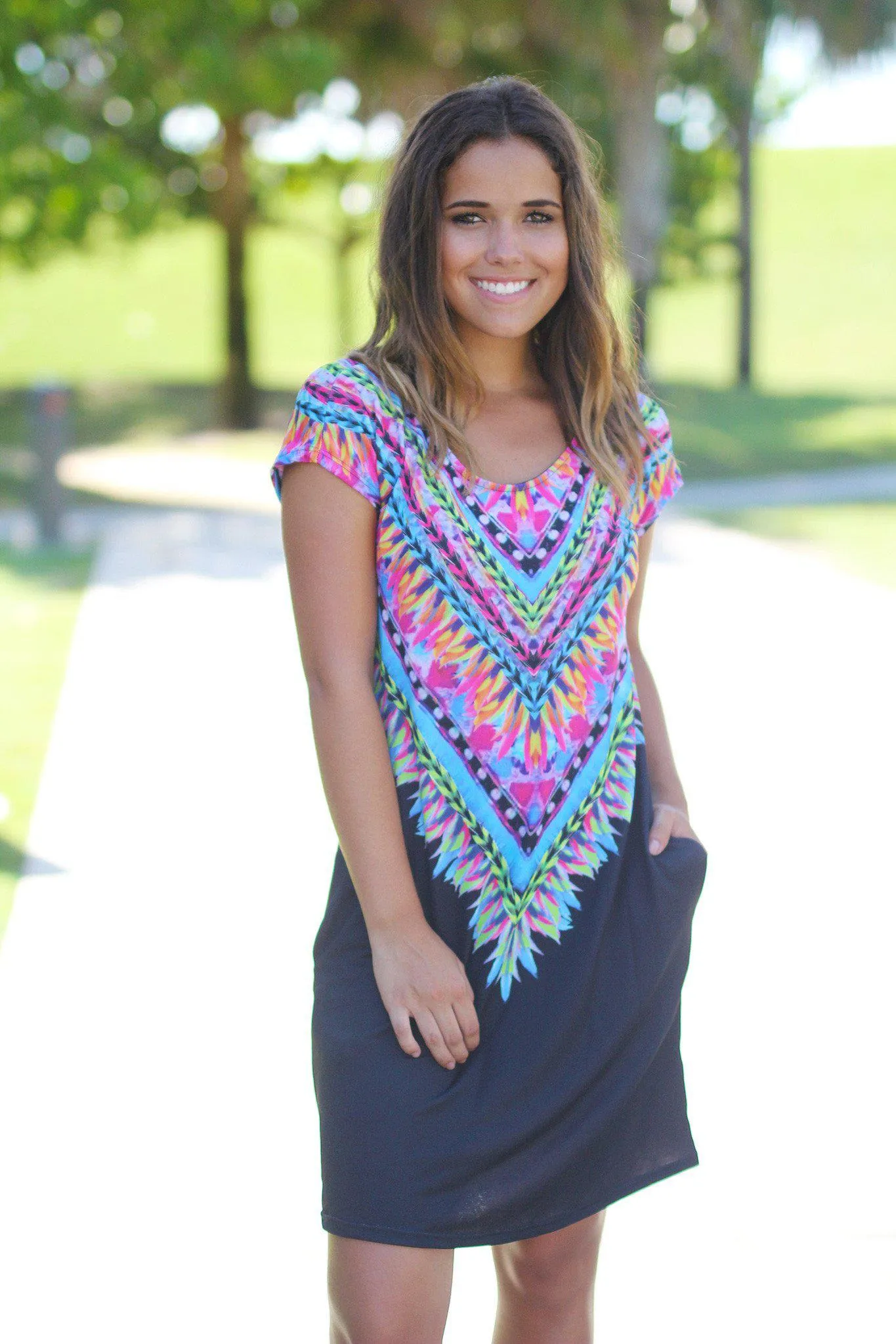 Black Tribal Tunic Dress with Pockets