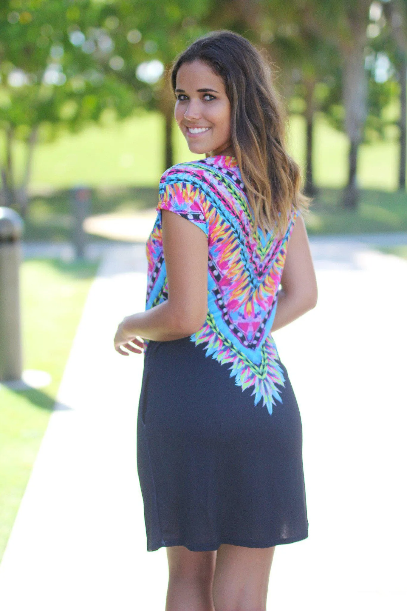 Black Tribal Tunic Dress with Pockets