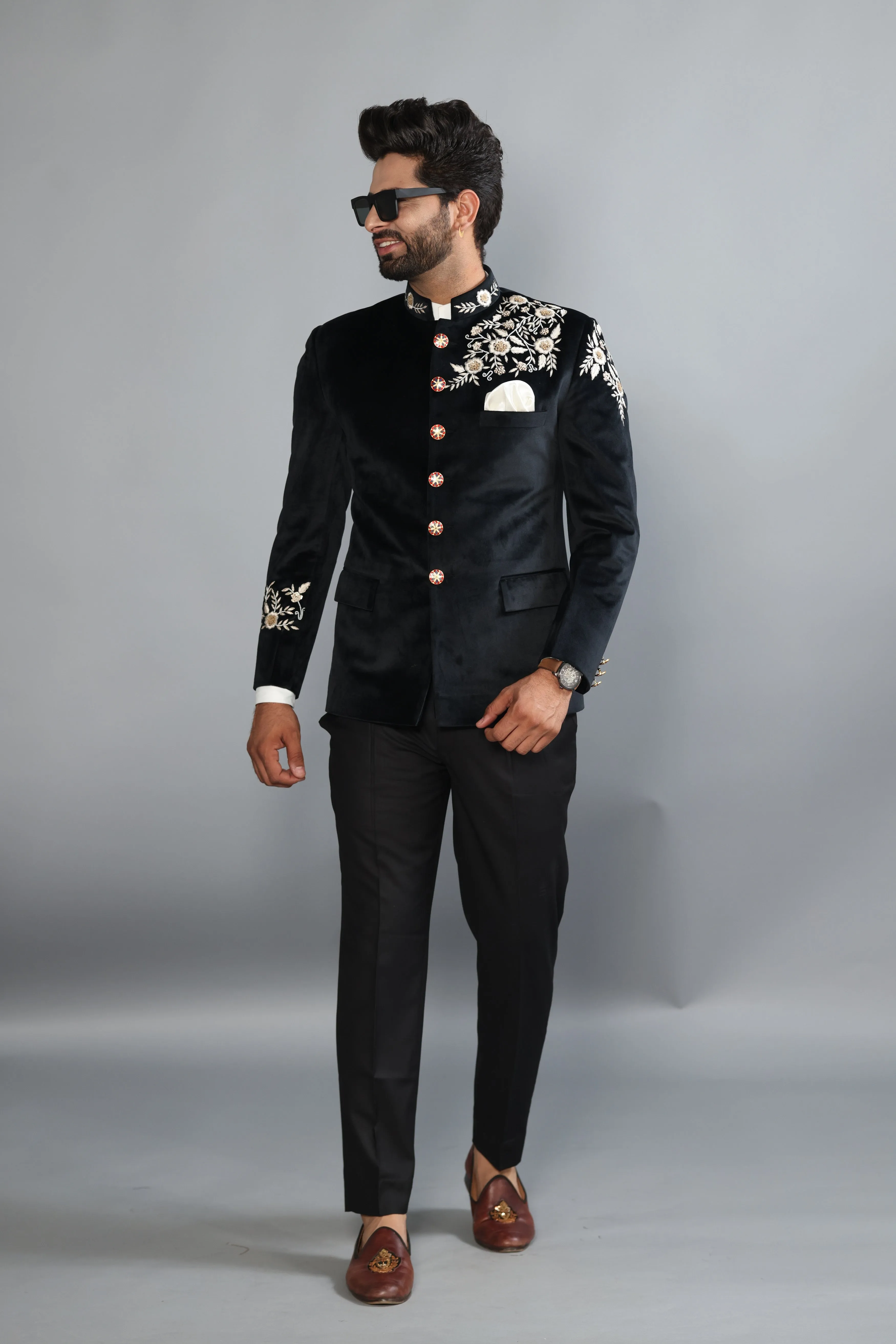 Black Velvet Bandh gala with Hand Floral Threadwork with Black Trouser