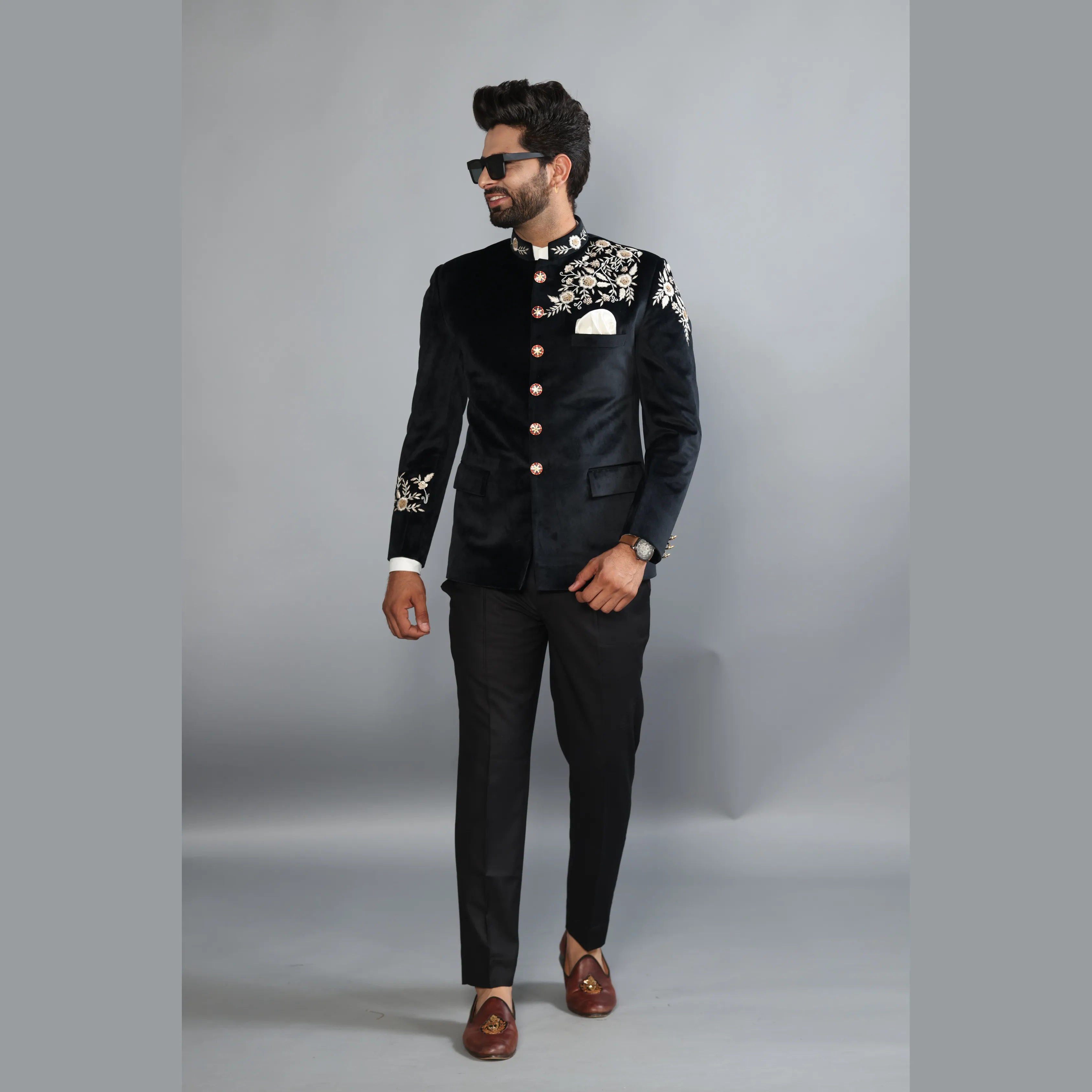 Black Velvet Bandh gala with Hand Floral Threadwork with Black Trouser