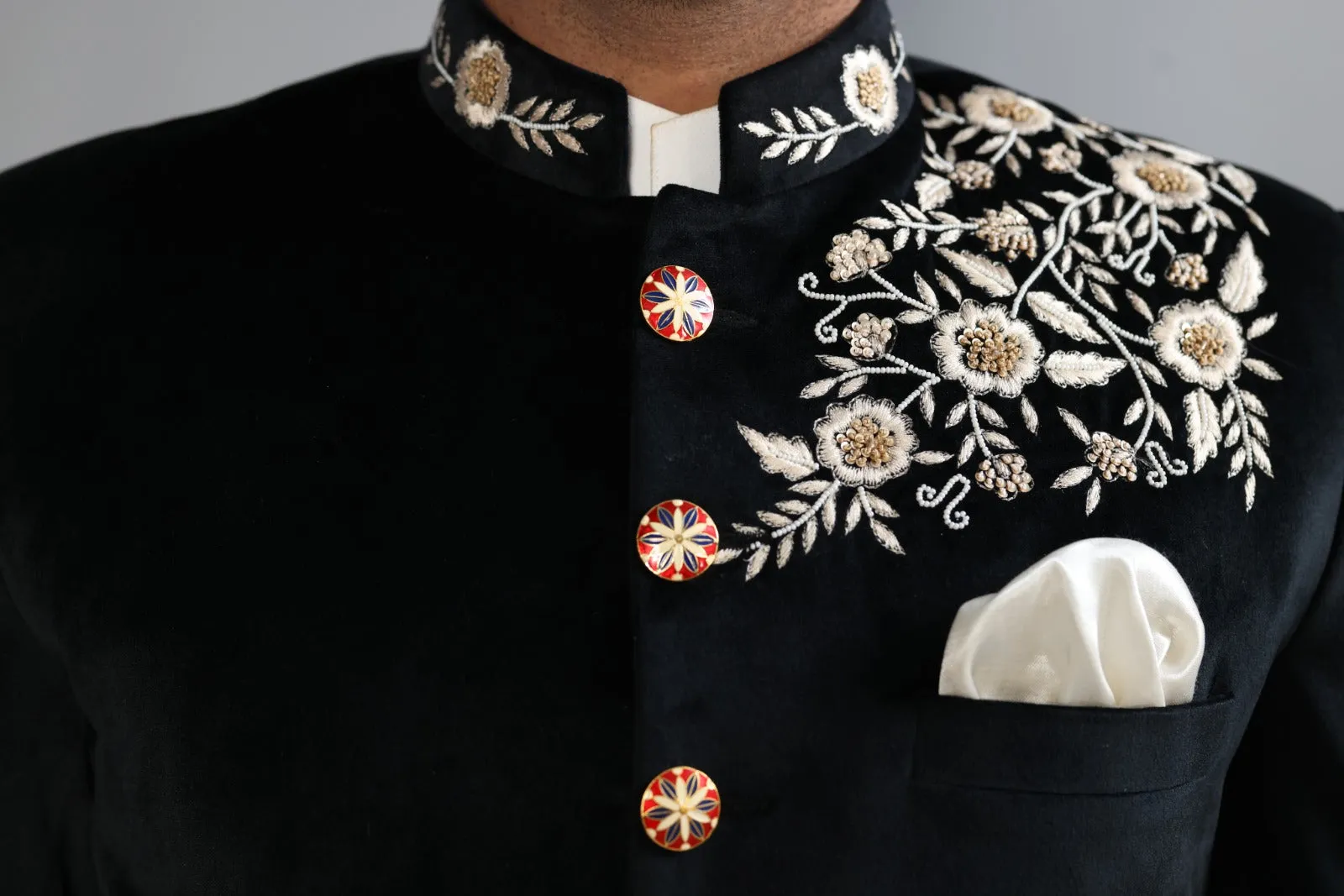 Black Velvet Bandh gala with Hand Floral Threadwork with Black Trouser