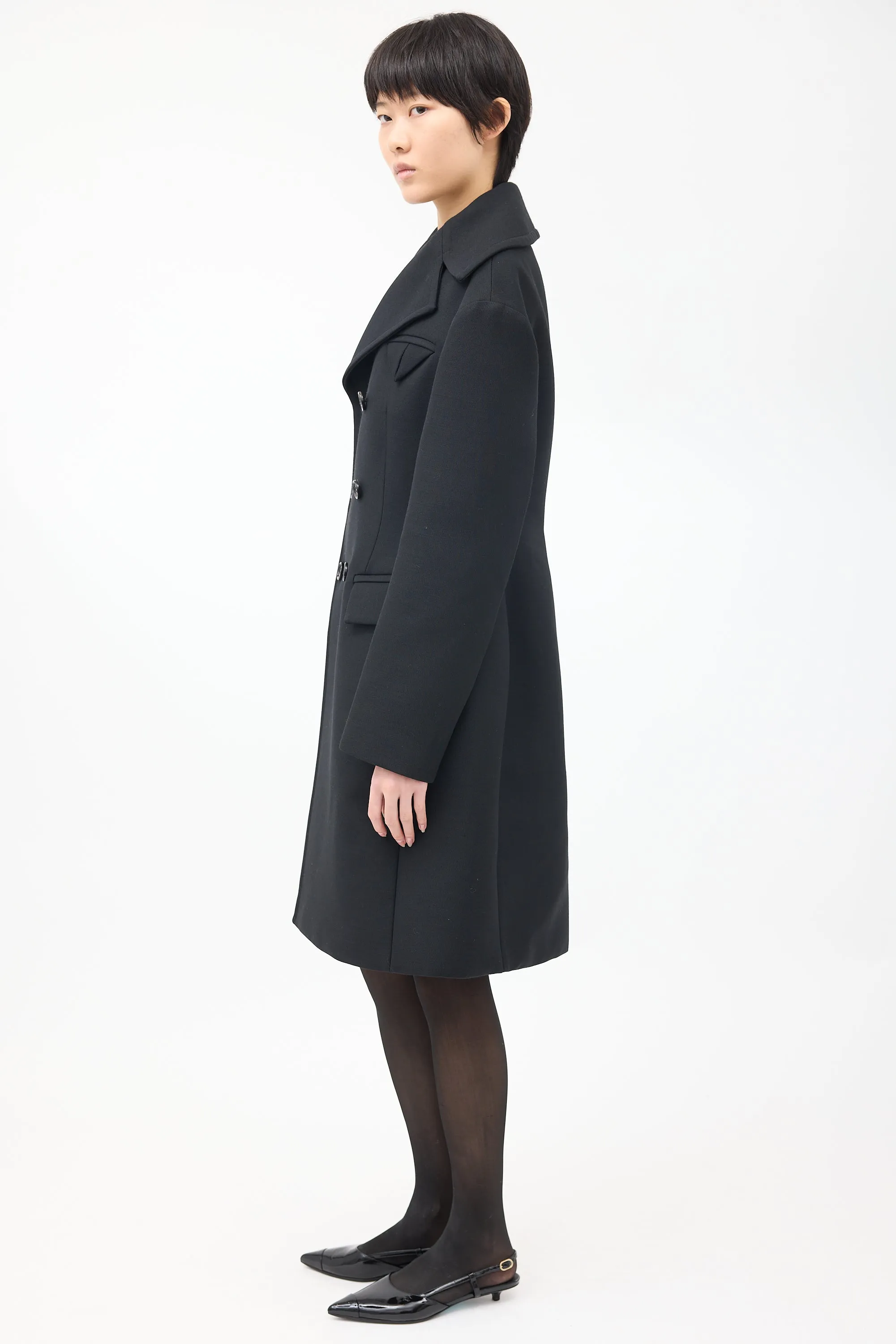 Black Wool Double Breasted Mid Length Coat