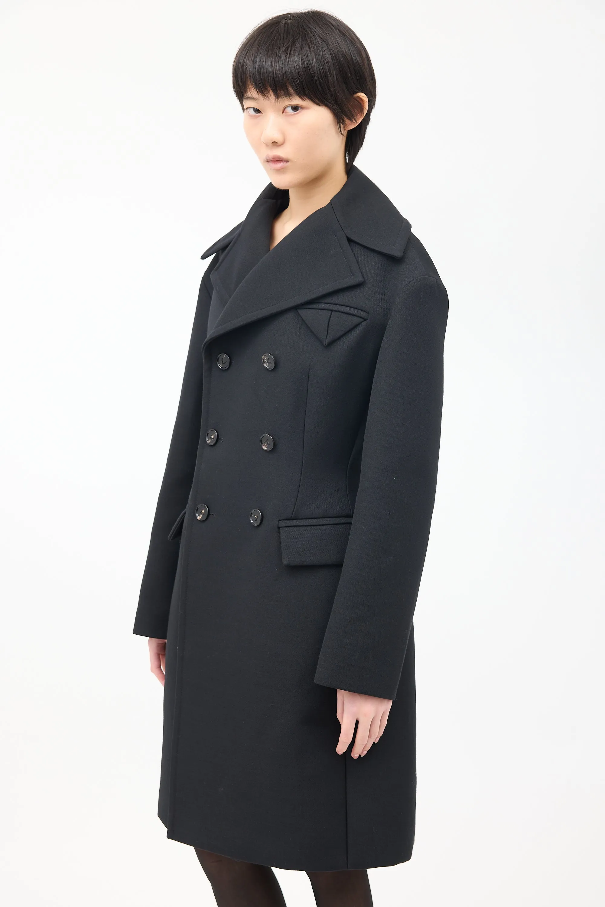 Black Wool Double Breasted Mid Length Coat