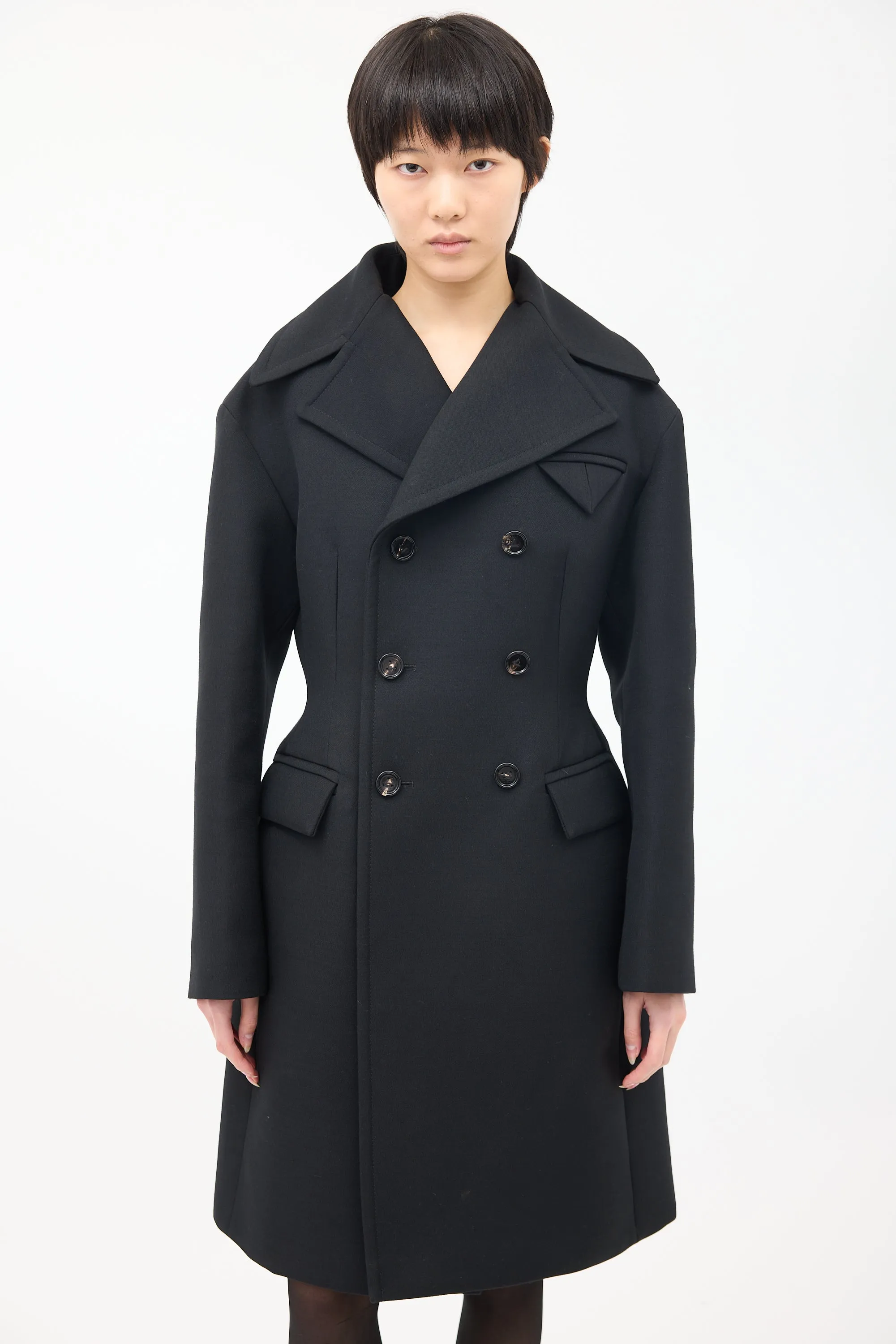 Black Wool Double Breasted Mid Length Coat