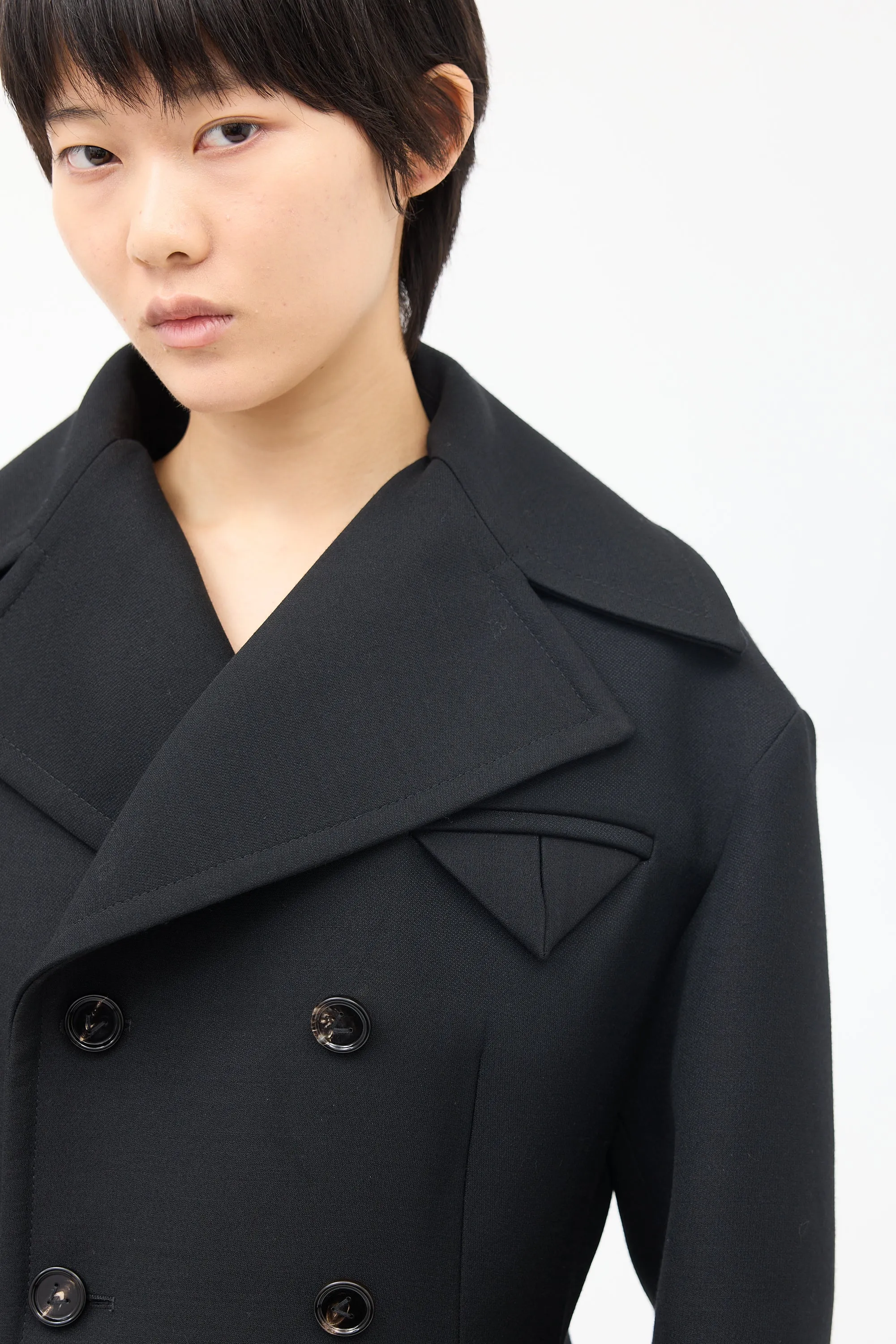 Black Wool Double Breasted Mid Length Coat