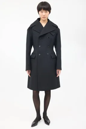 Black Wool Double Breasted Mid Length Coat