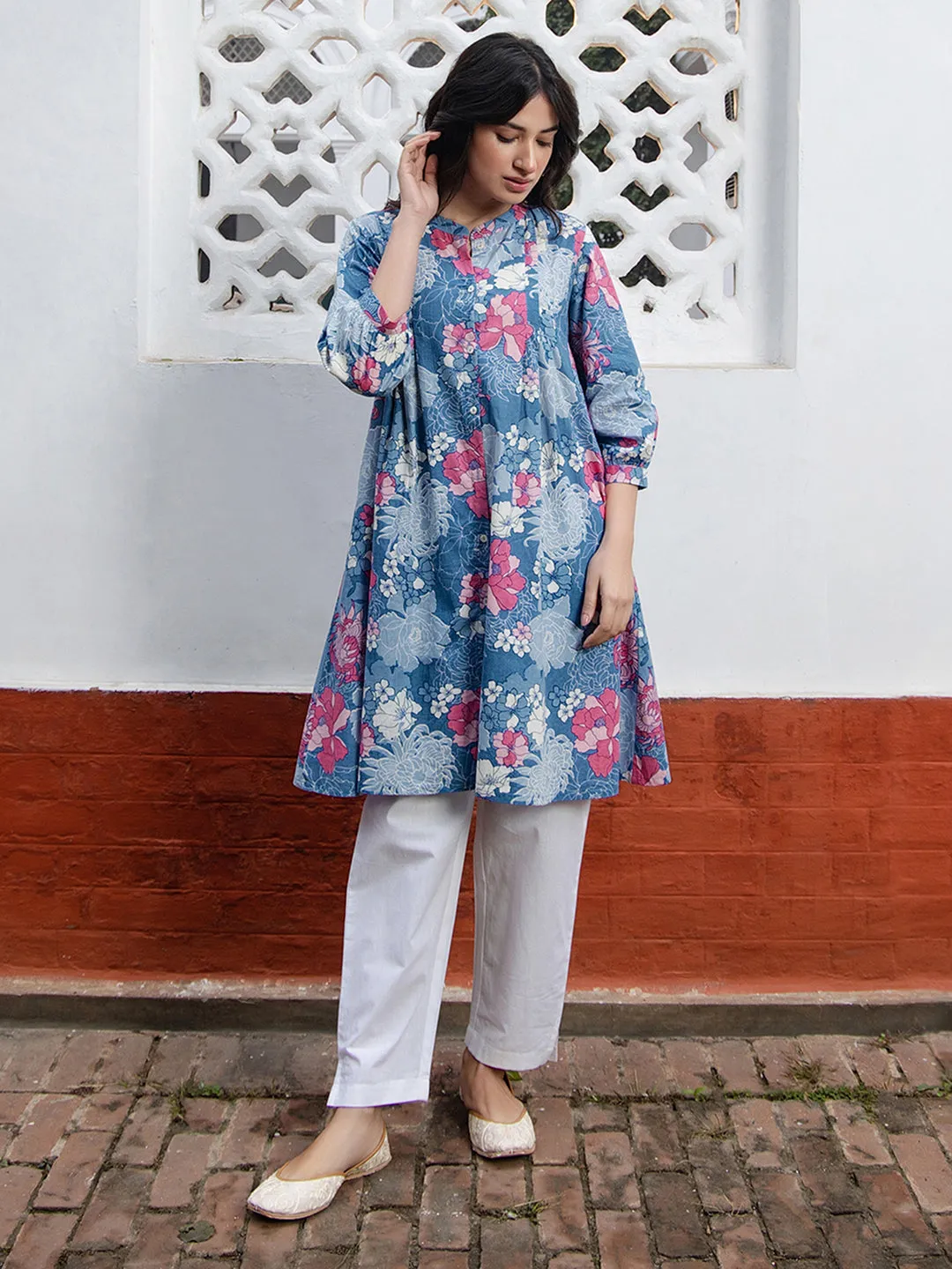 Blue Cotton Floral A-Line Tunic