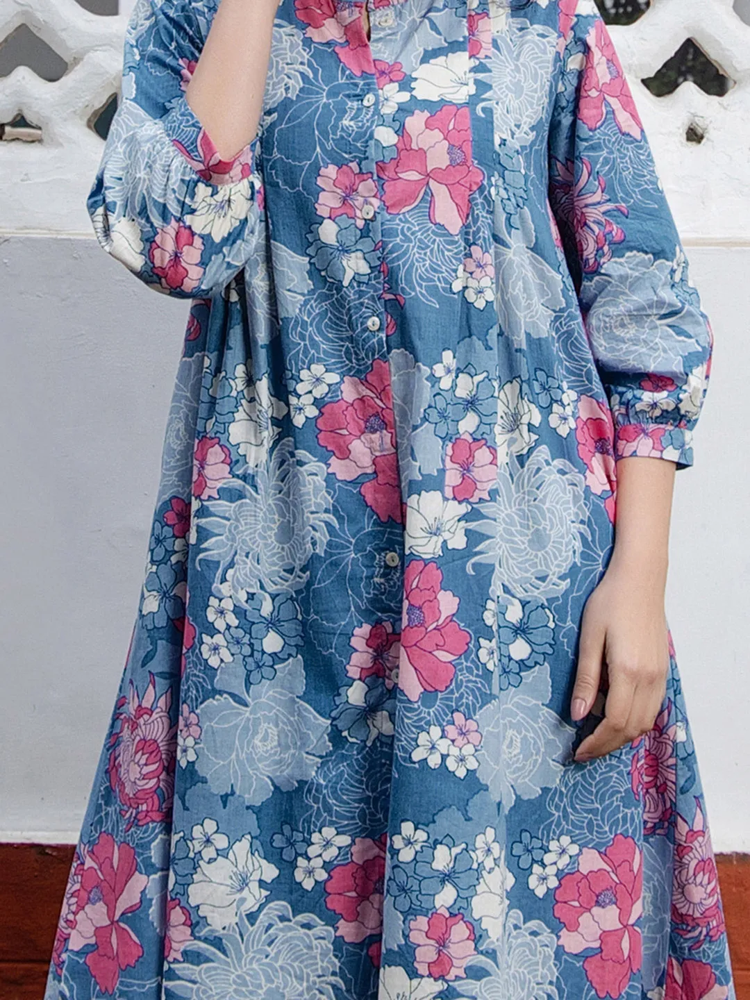 Blue Cotton Floral A-Line Tunic