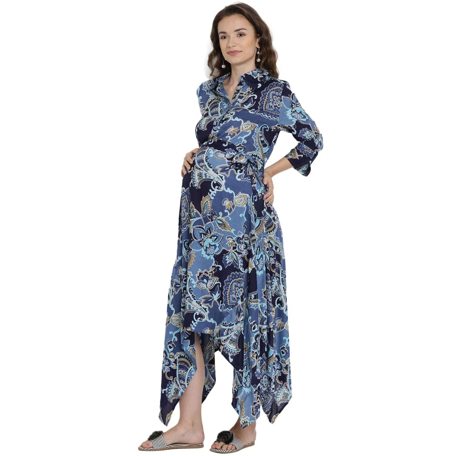 Blue Floral Print Maternity Maxi Dress