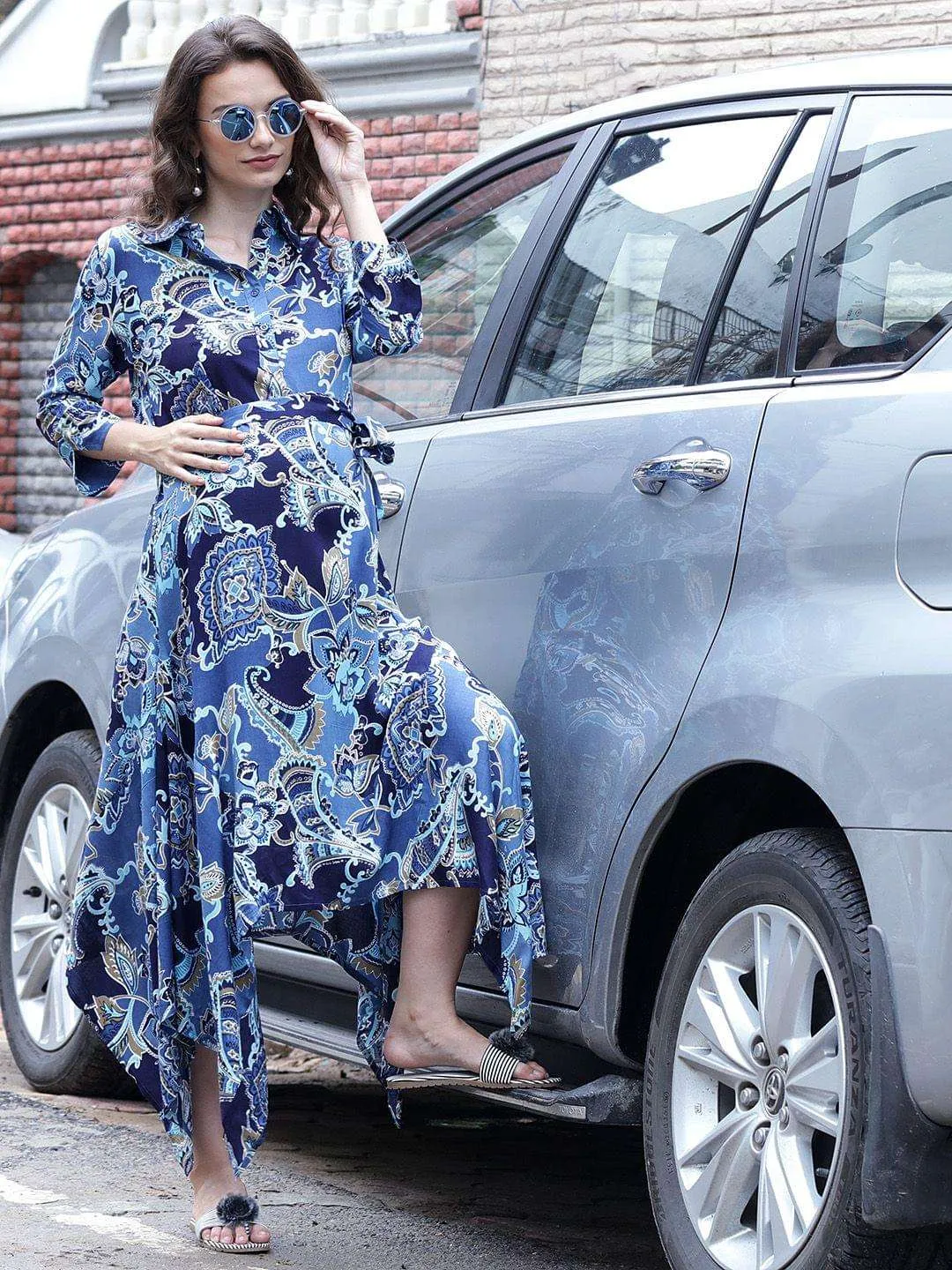 Blue Floral Print Maternity Maxi Dress