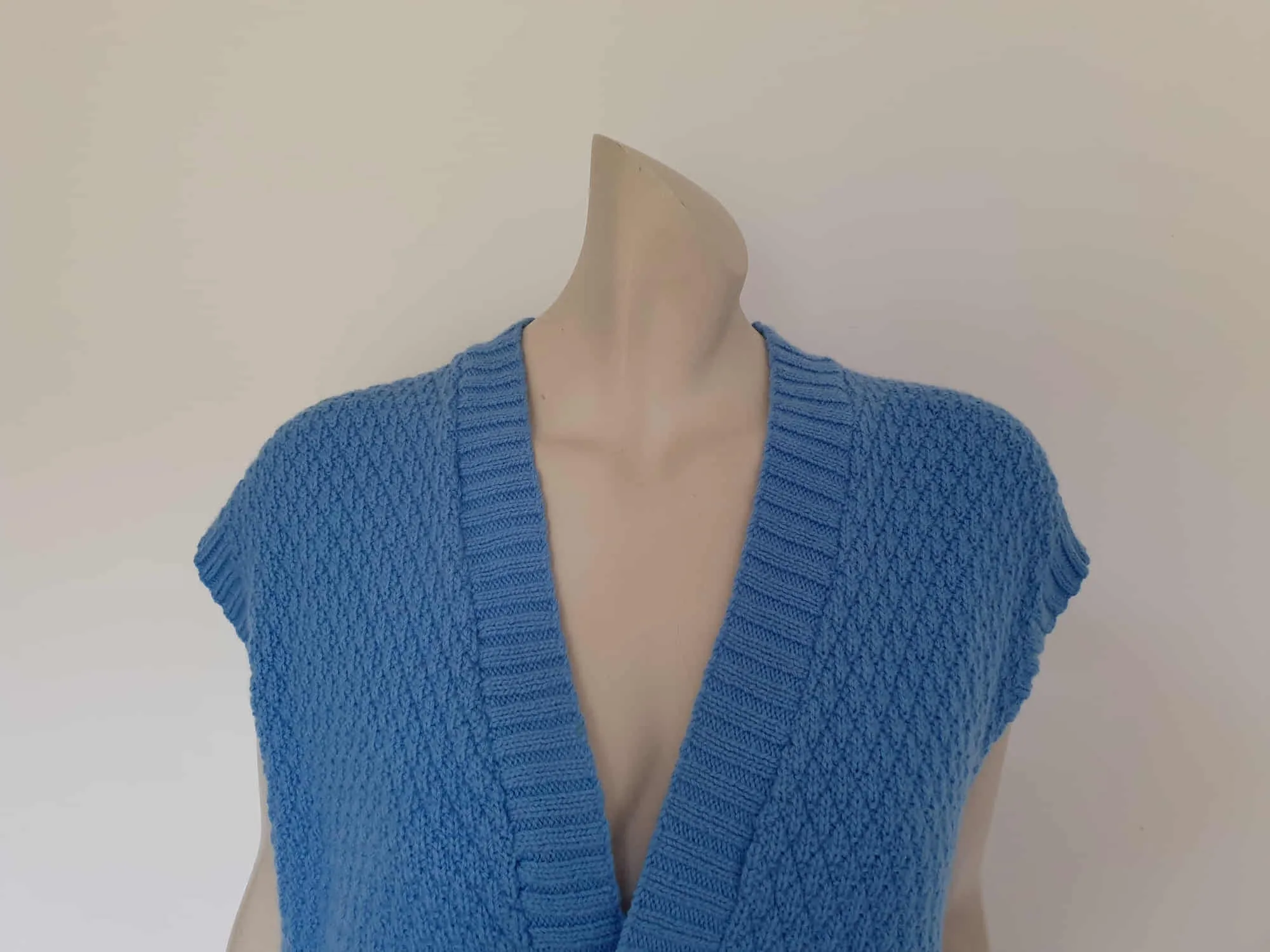 Blue Hand Knitted Wool Vest - L