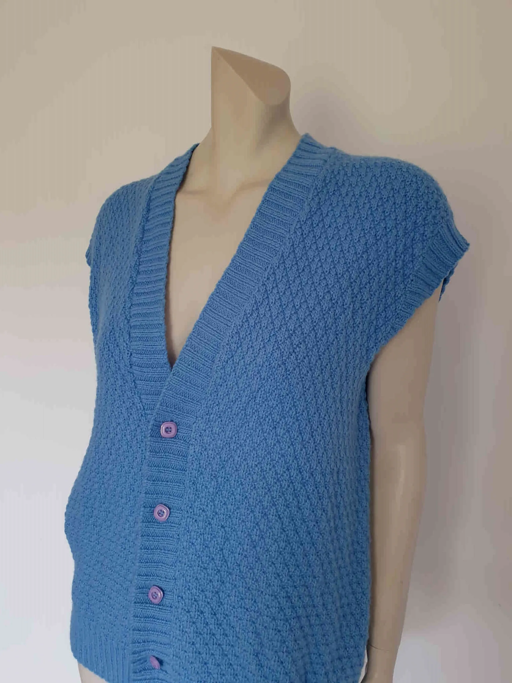 Blue Hand Knitted Wool Vest - L