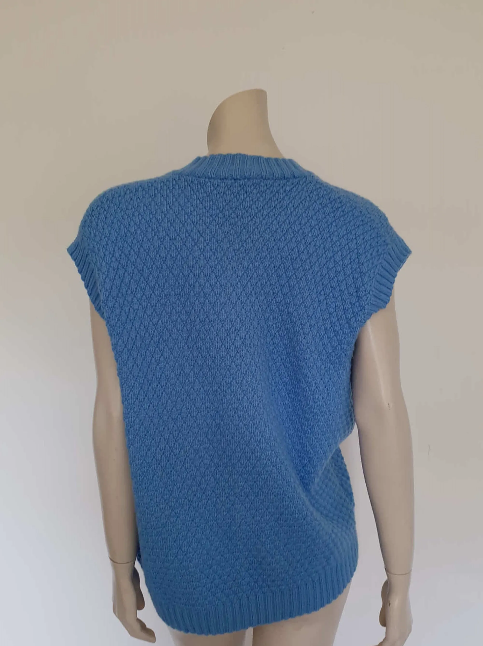 Blue Hand Knitted Wool Vest - L