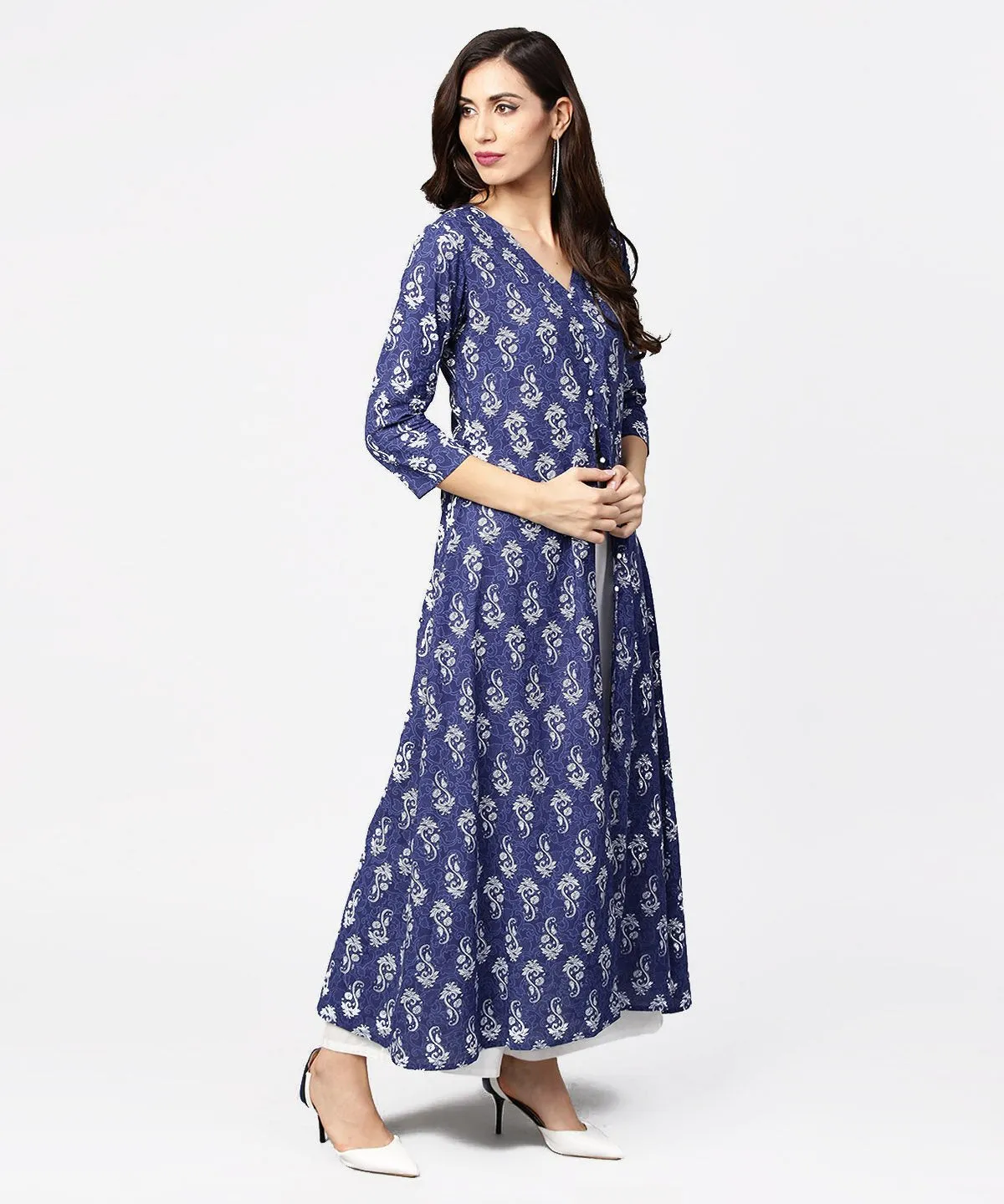 Blue Printed 3/4Th Sleeve Cotton Maxi Dress