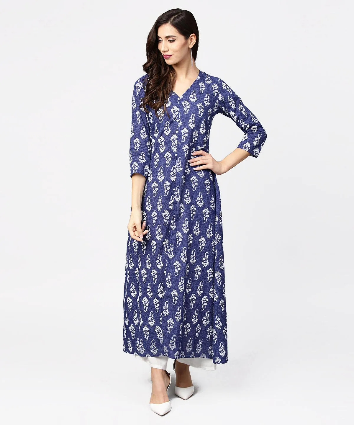 Blue Printed 3/4Th Sleeve Cotton Maxi Dress